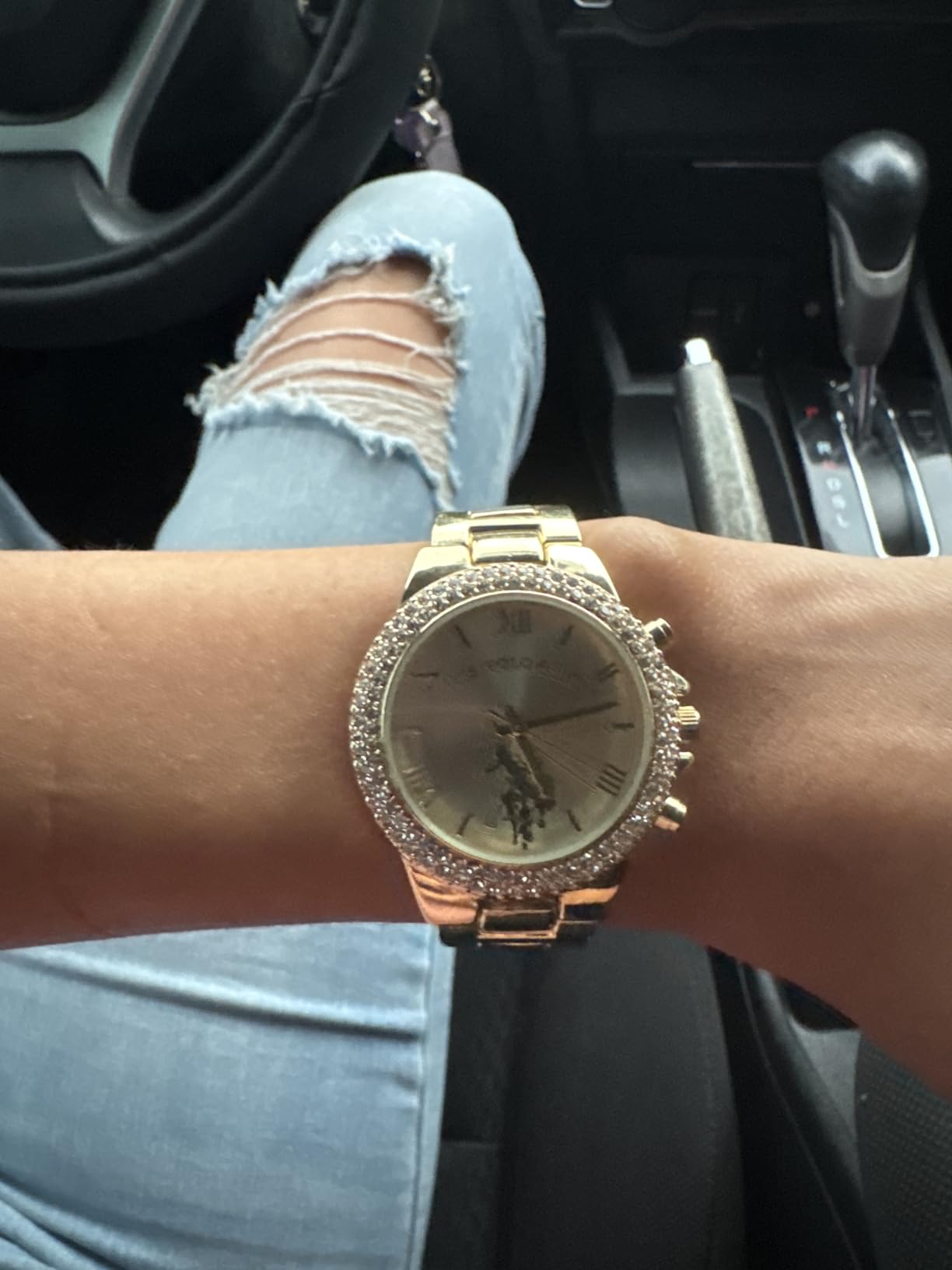 U.S. Polo Assn. Women's Analog Watch – Gold-Tone Dial with Crystal-Embellished Bezel and Stainless Steel Bracelet – Elegant, Durable, and Adjustable Fit for Wrists 5.5