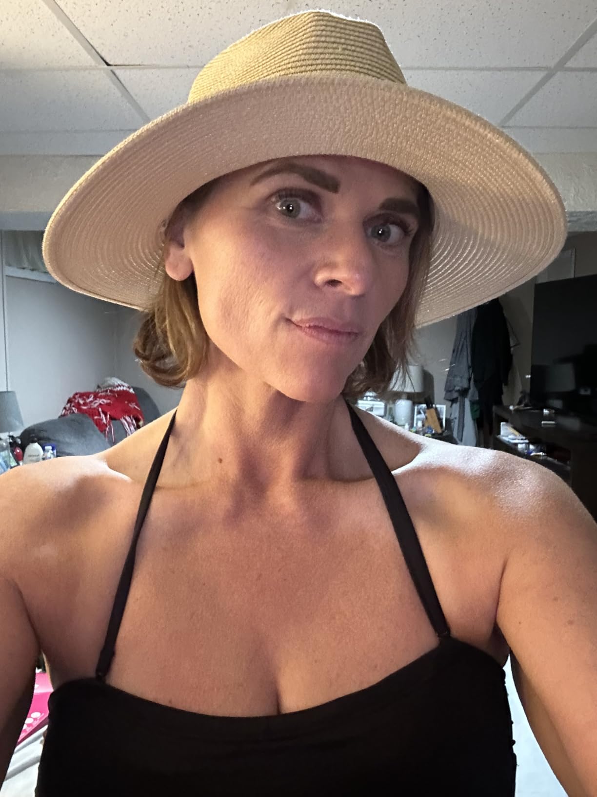 Lanzom Women Wide Brim Straw Panama Roll up Hat Fedora Beach Sun Hat UPF50+ customer photo 2