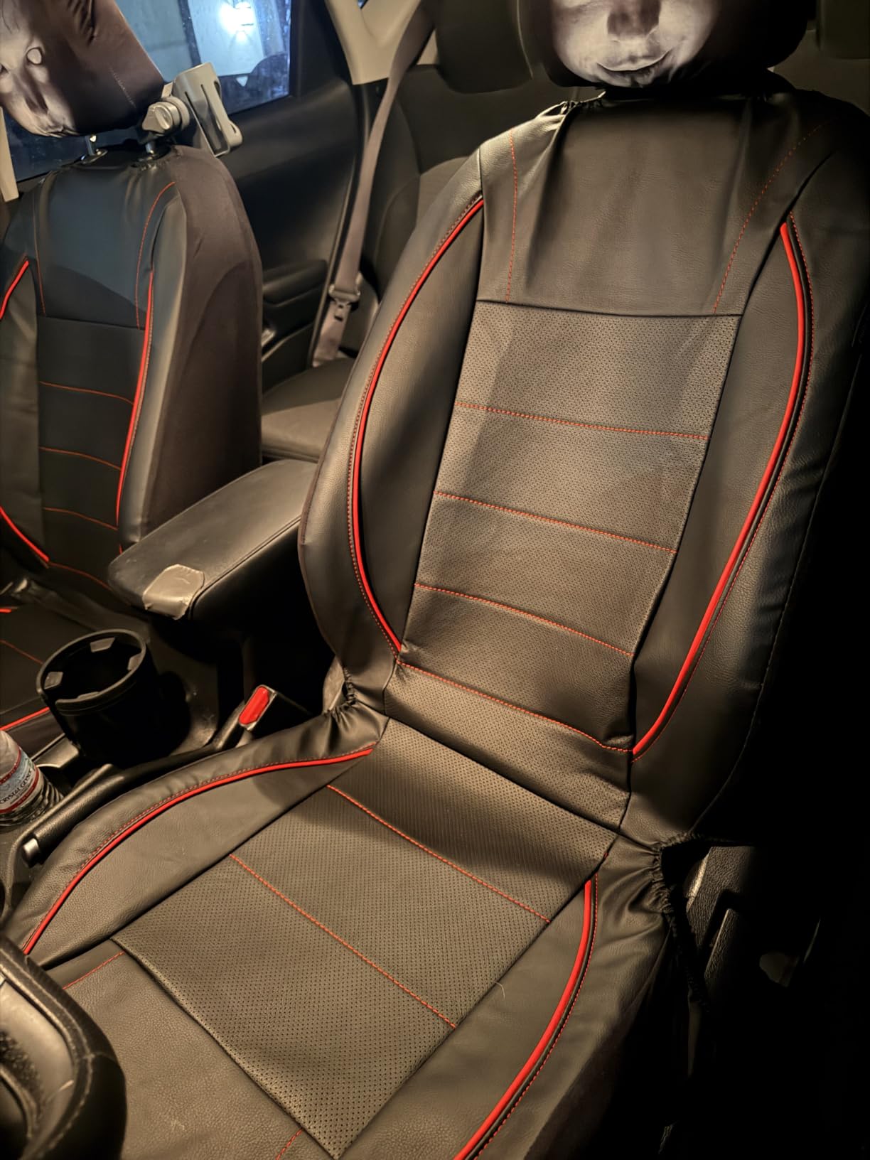 CAR PASS Universal FIT Piping Leather Two Front Seat Covers, Waterproof Faux Leather for SUV Sedan Van Truck, Airbag Compatible,Reserved Opening Holes for Headrest Covers. (Black red) customer photo 2