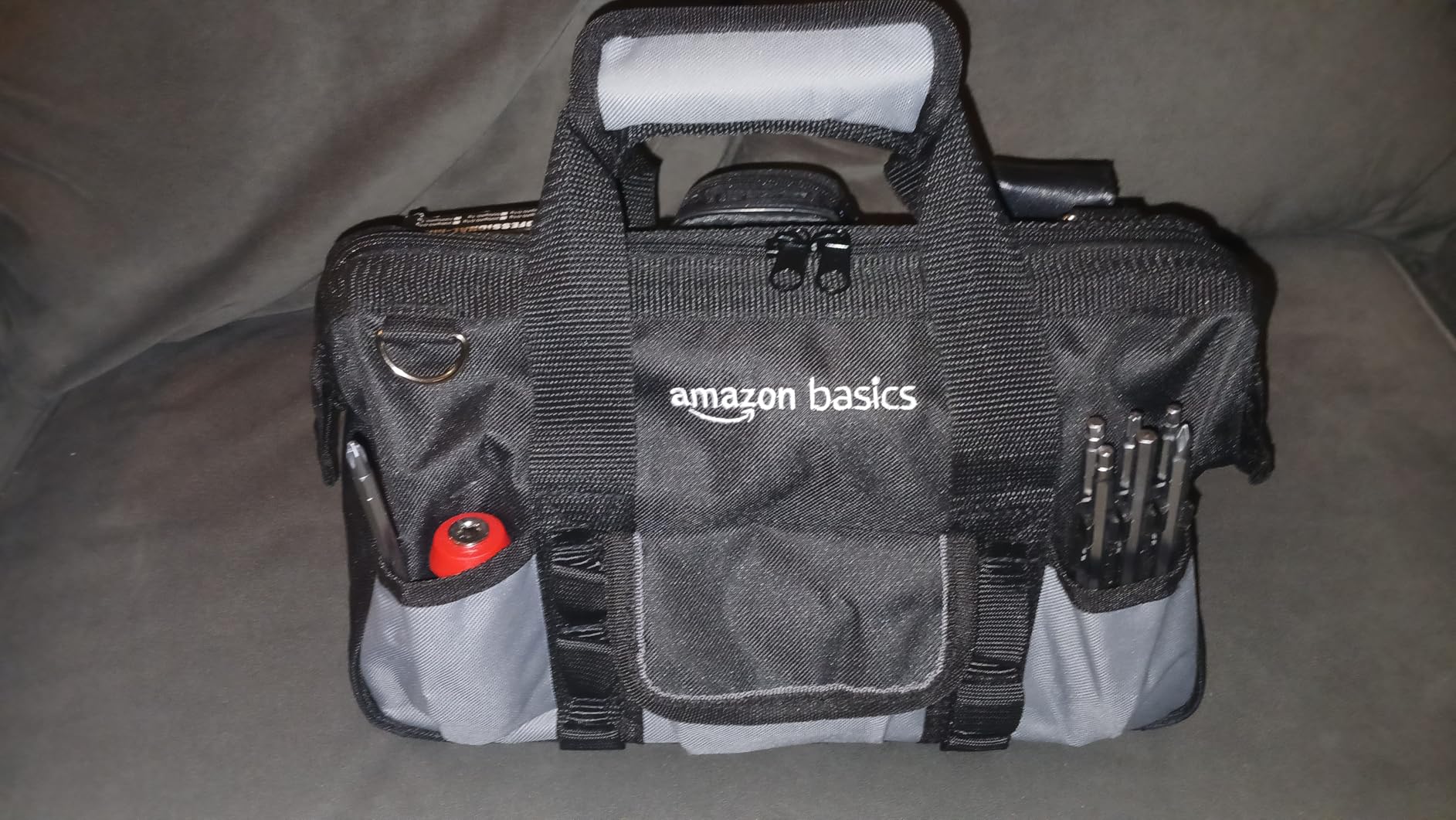 Amazon Basics Durable Wear-Resistant Tool Storage Bag with Adjustable Shoulder Strap, Portable Tool Organizer, 16 in, Black & Grey customer photo 1