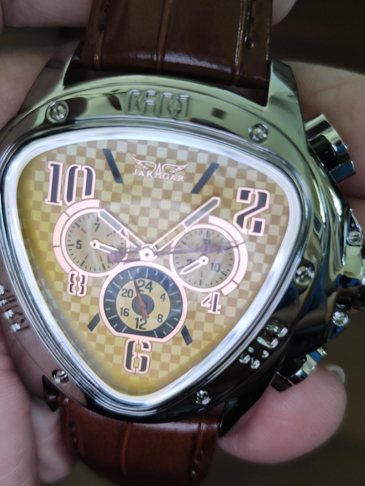 Winner Fashion Mechanical Wrist Watch Triangle Racing Dial, Waterproof Golden Skeleton Dial Automatic Movement Leather Design Mechanical Watch for Men customer photo 1