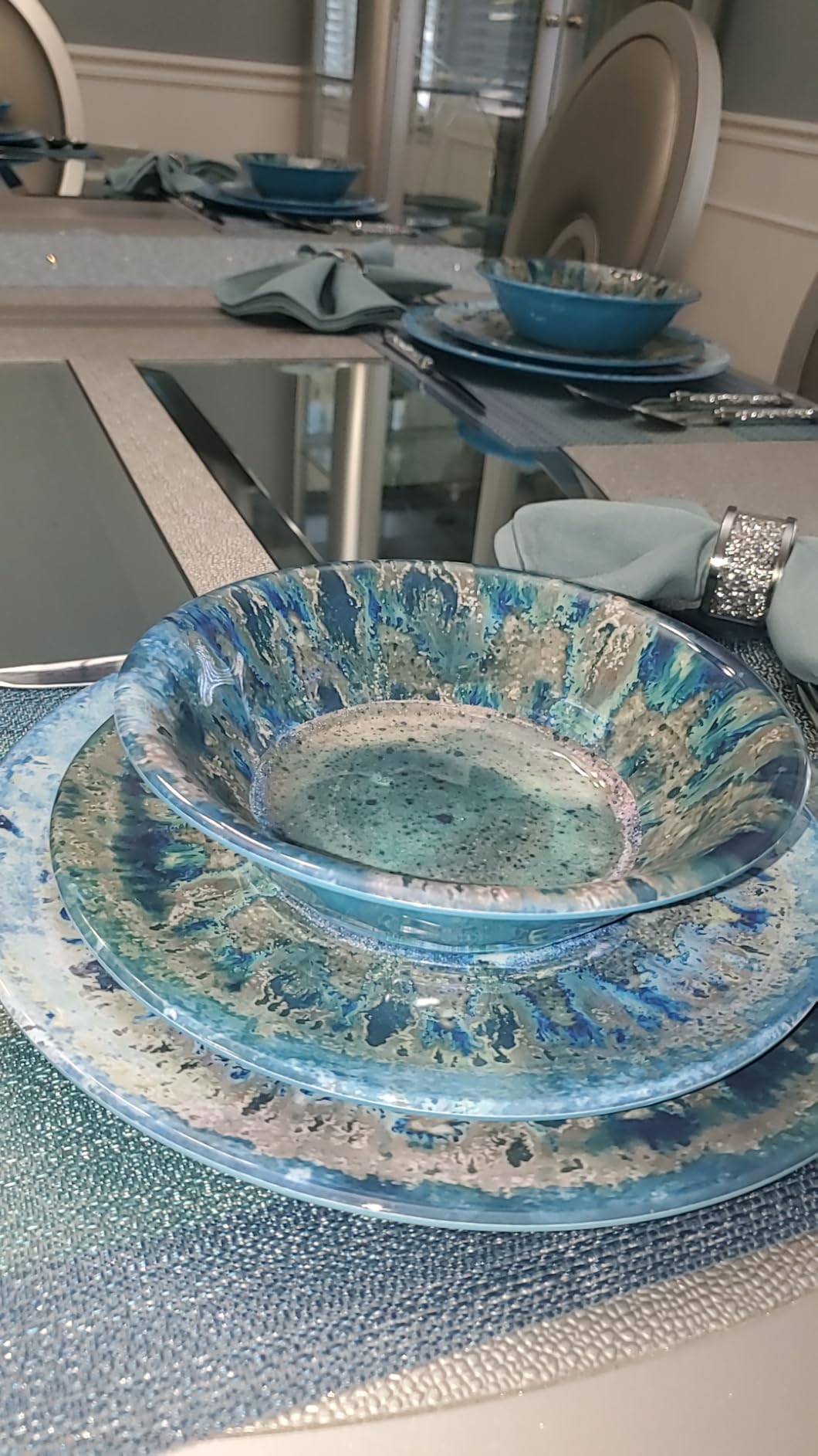 Radiance Teal 12pc Melamine Dinnerware Set – Service for 4 Plates and Bowls Set, Outdoor Dinnerware, Coastal Dishes, Unbreakable, Dishwasher Safe, Heavyweight Melamine, Rustic Look customer photo 1