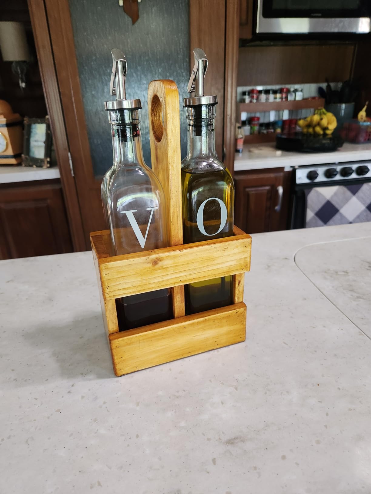 GREENOLIVE Olive Oil and Vinegar Dispenser Set - 17 oz. Glass Bottles with No-Drip BPA-Free Spouts - Stylish O and V Identifiers for Kitchen and Dining Use, Olive Oil Dispenser Bottle - Set of 2 customer photo 1