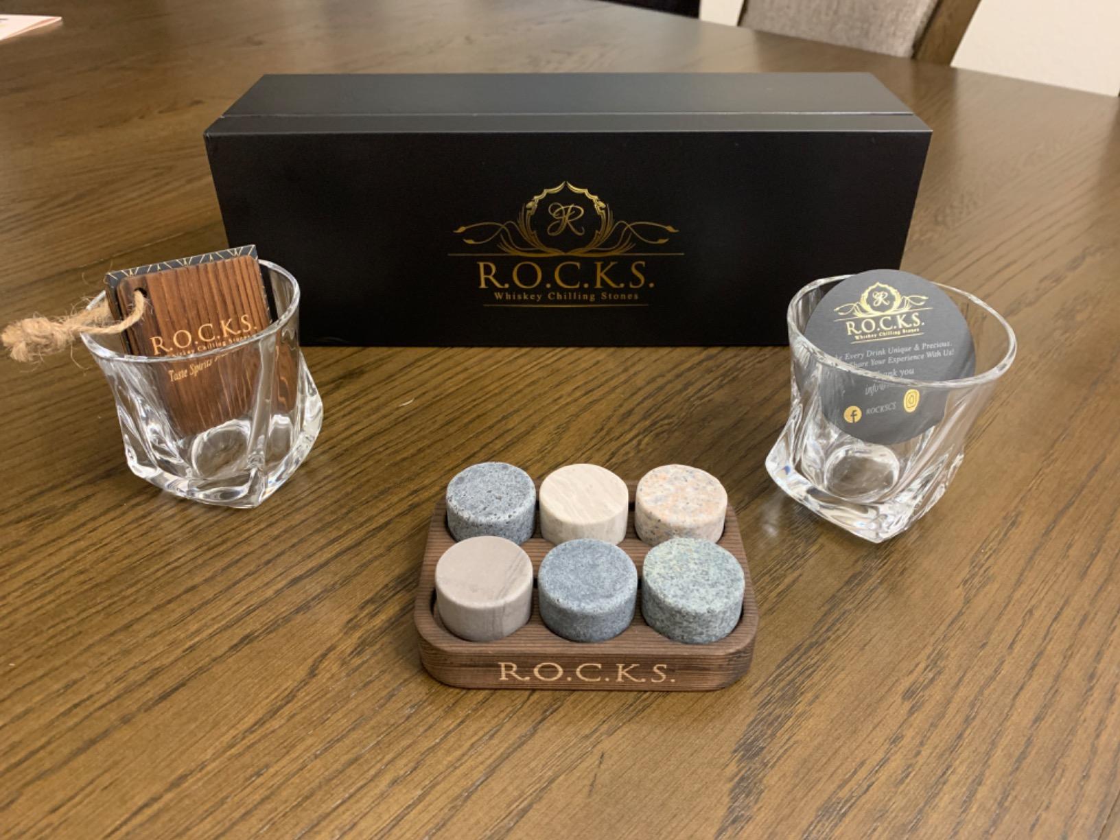 Whiskey Chilling Stones Gift Set - 6 Handcrafted Premium Granite Round Sipping Rocks - 2 Crystal Superior Glasses - Hardwood Presentation & Storage Tray - Elegant Gold Foil Gift Box by R.O.C.K.S. customer photo 2