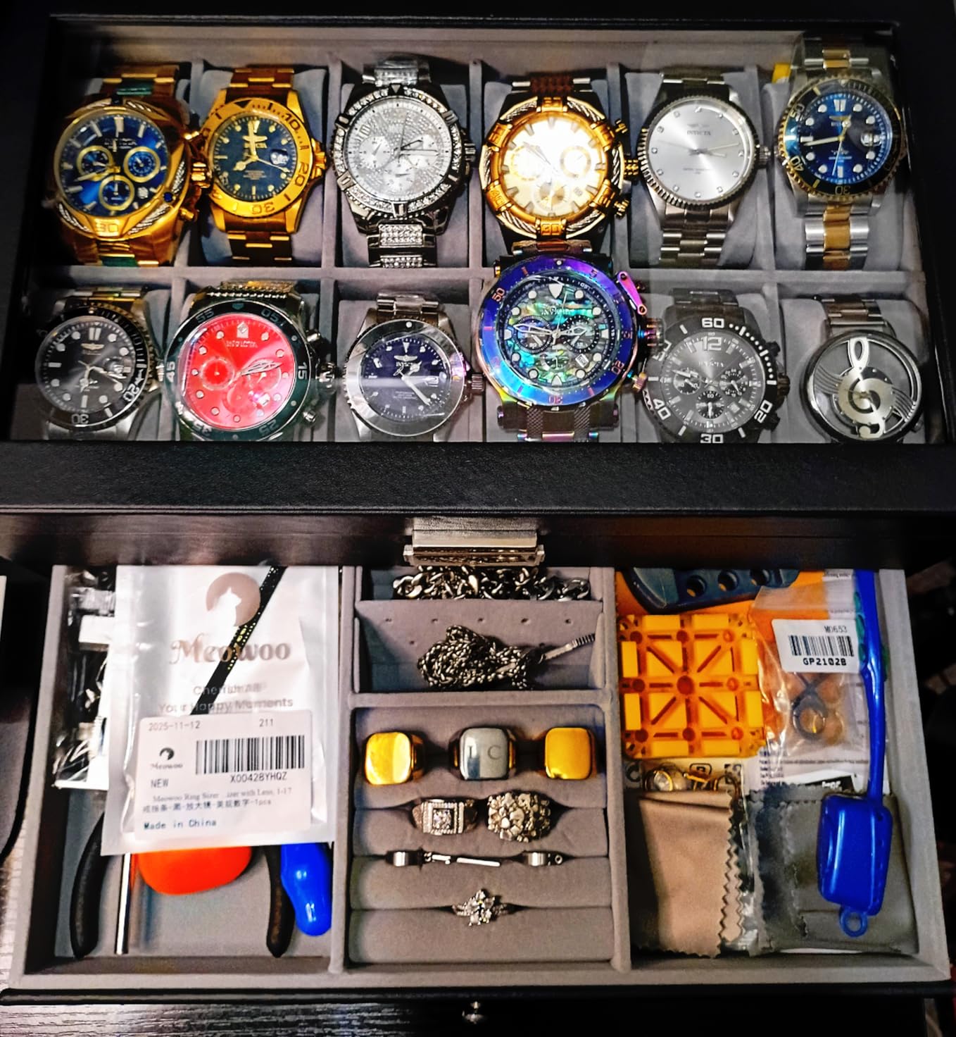 GUKA 12-Slot Watch Box Organizer with Glass Lid, 2-Tier Leather Case | 12 watch slots and a second tier store watches, rings, jewelry, sunglasses and accessories; a practical gift for men. customer photo 1