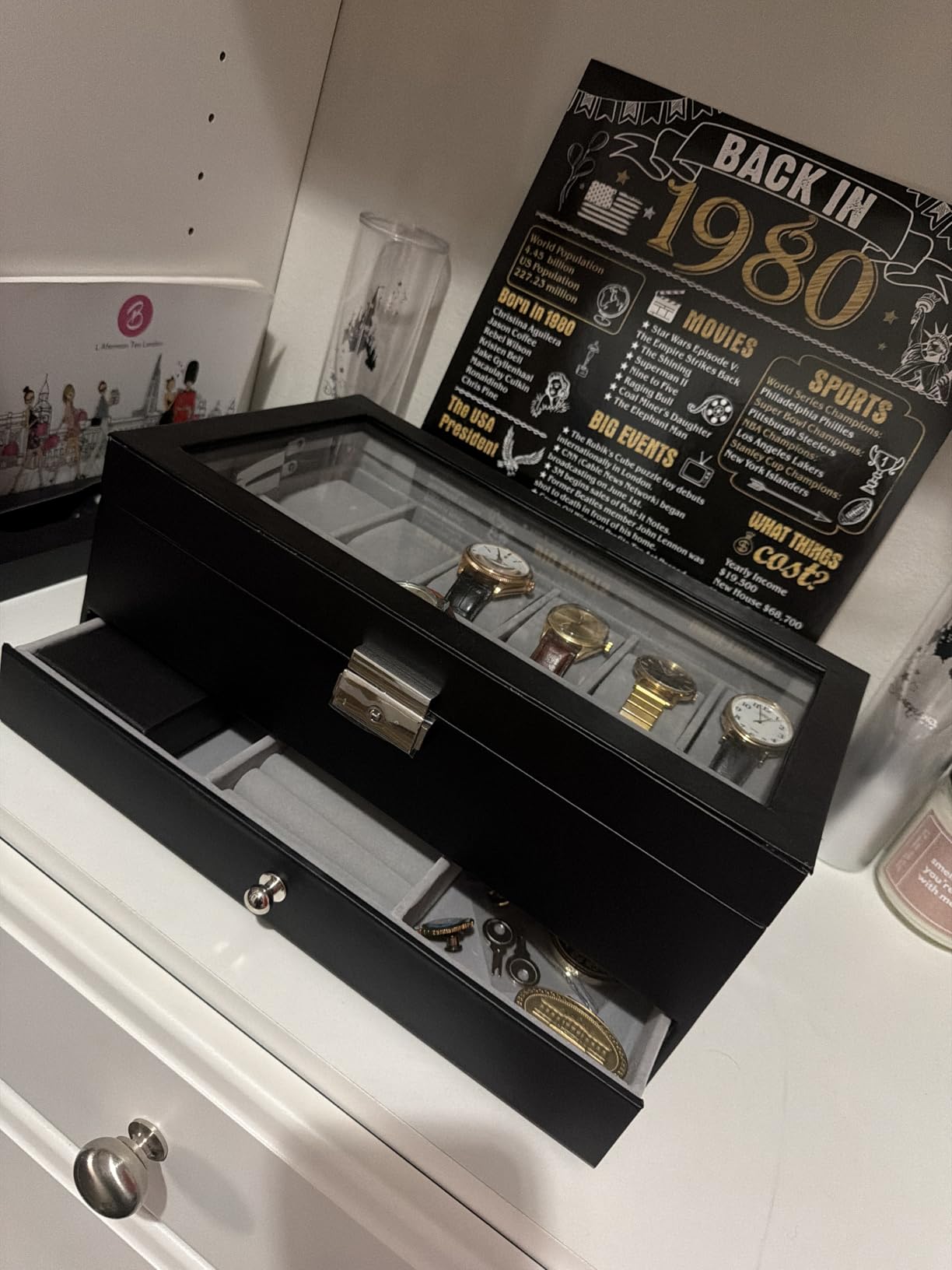 GUKA 12-Slot Watch Box Organizer with Glass Lid, 2-Tier Leather Case | 12 watch slots and a second tier store watches, rings, jewelry, sunglasses and accessories; a practical gift for men. customer photo 2