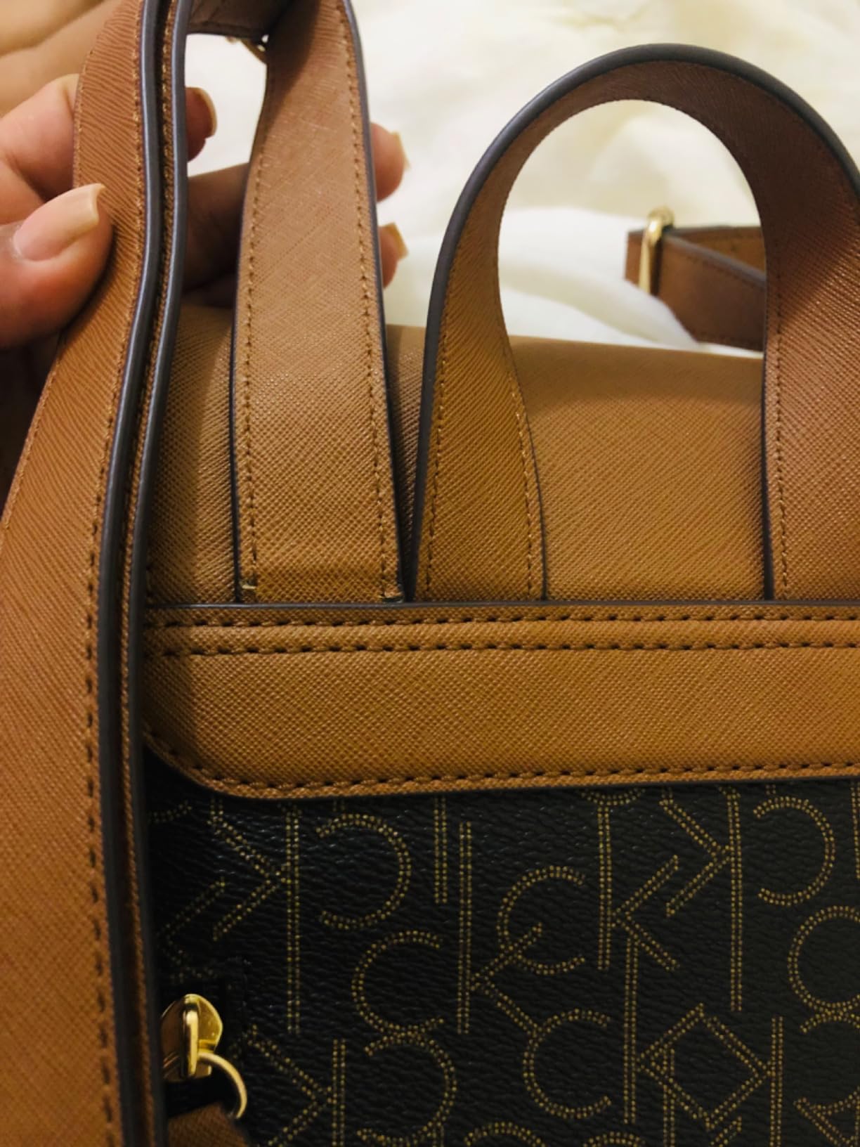 Calvin Klein Women's Elaine Signature Key Item Flap Backpack, Brown/Khaki/Luggage Saffiano, One Size customer photo 1