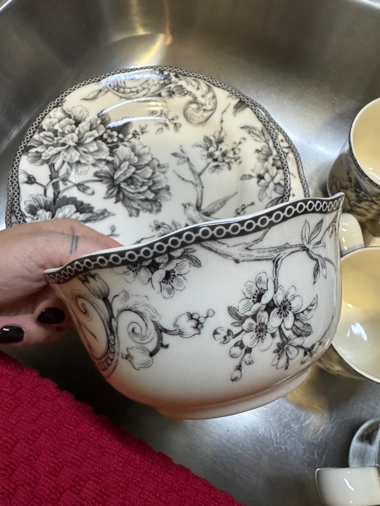 222 Fifth Adelaide 16-Piece Casual Grey Porcelain Dinnerware Set – Service for 4, Classic Toile Bird & Floral Design, Microwave & Dishwasher Safe, for Everyday Dining & Entertainment customer photo 1