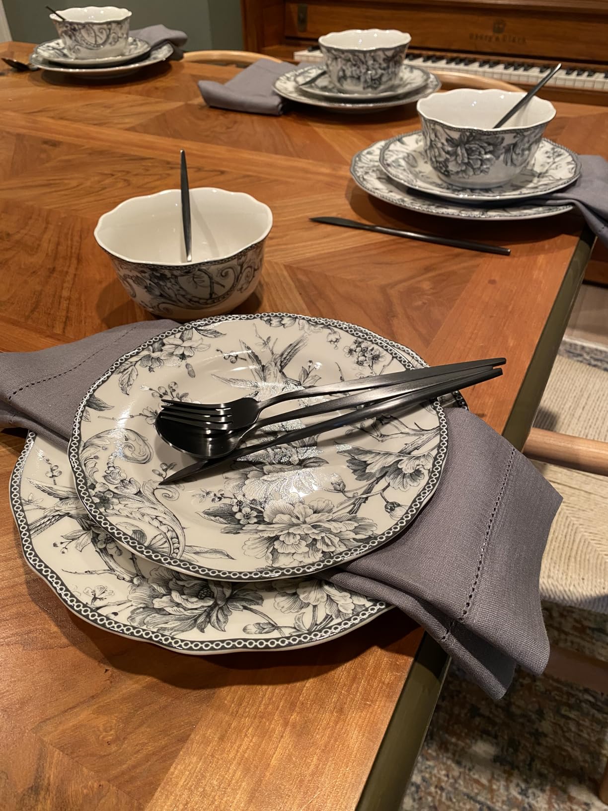 222 Fifth Adelaide 16-Piece Casual Grey Porcelain Dinnerware Set – Service for 4, Classic Toile Bird & Floral Design, Microwave & Dishwasher Safe, for Everyday Dining & Entertainment customer photo 2
