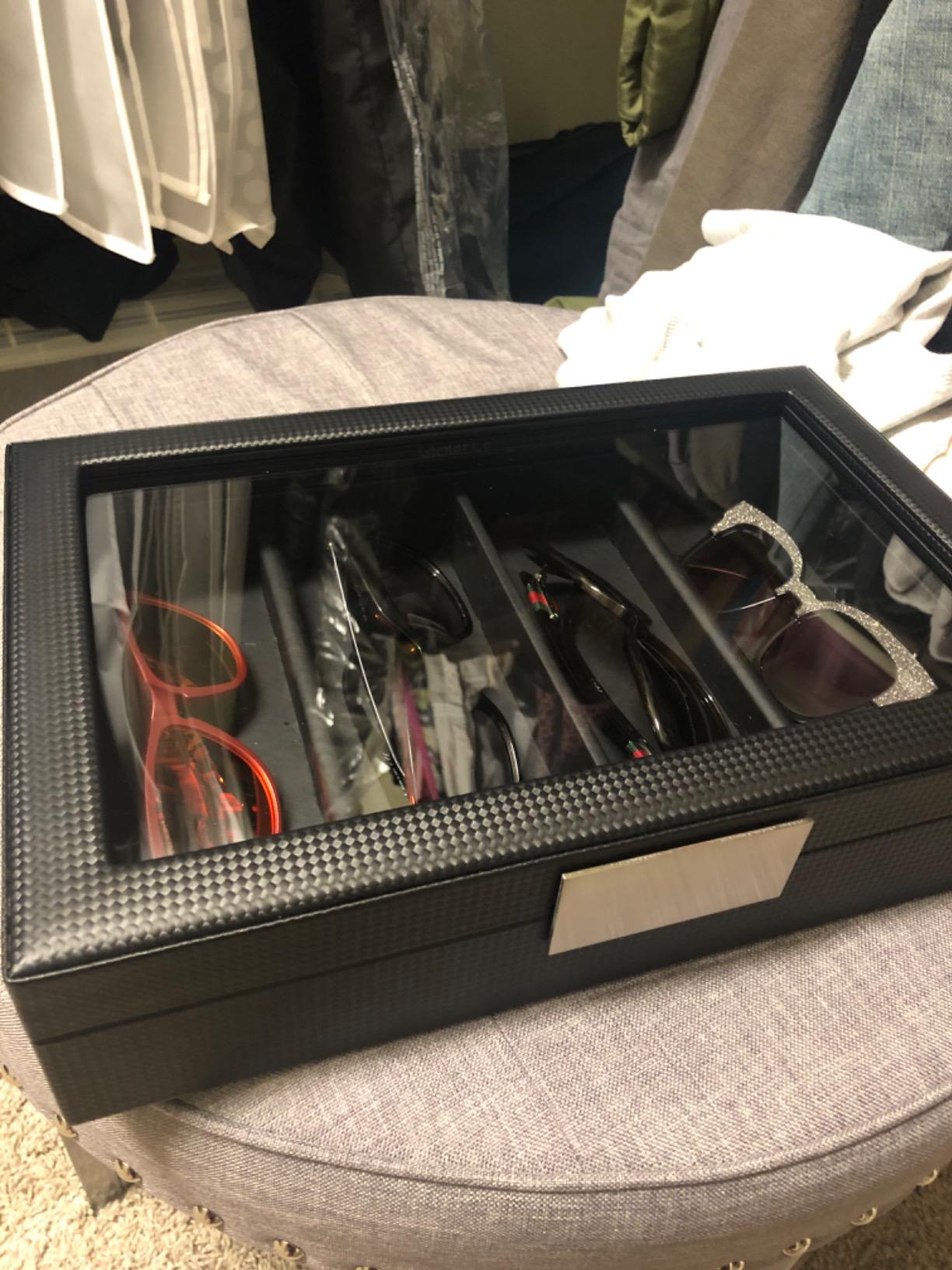 Glenor Co Sunglasses Organizer Case - 8 Slot Storage Holder to display Sunglass/Eye Glasses - Modern Box with Clear Glass Top and Metal Buckle for Men and Women - Carbon Fiber Leather Design - Black customer photo 2