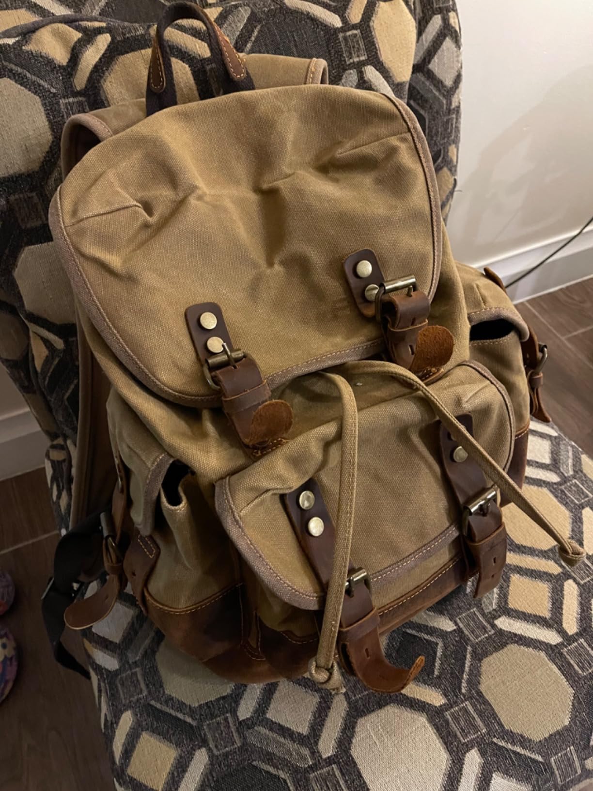 WUDON Men Travel Backpack, Genuine Leather-Waxed Canvas Shoulder Hiking Rucksack customer photo 1