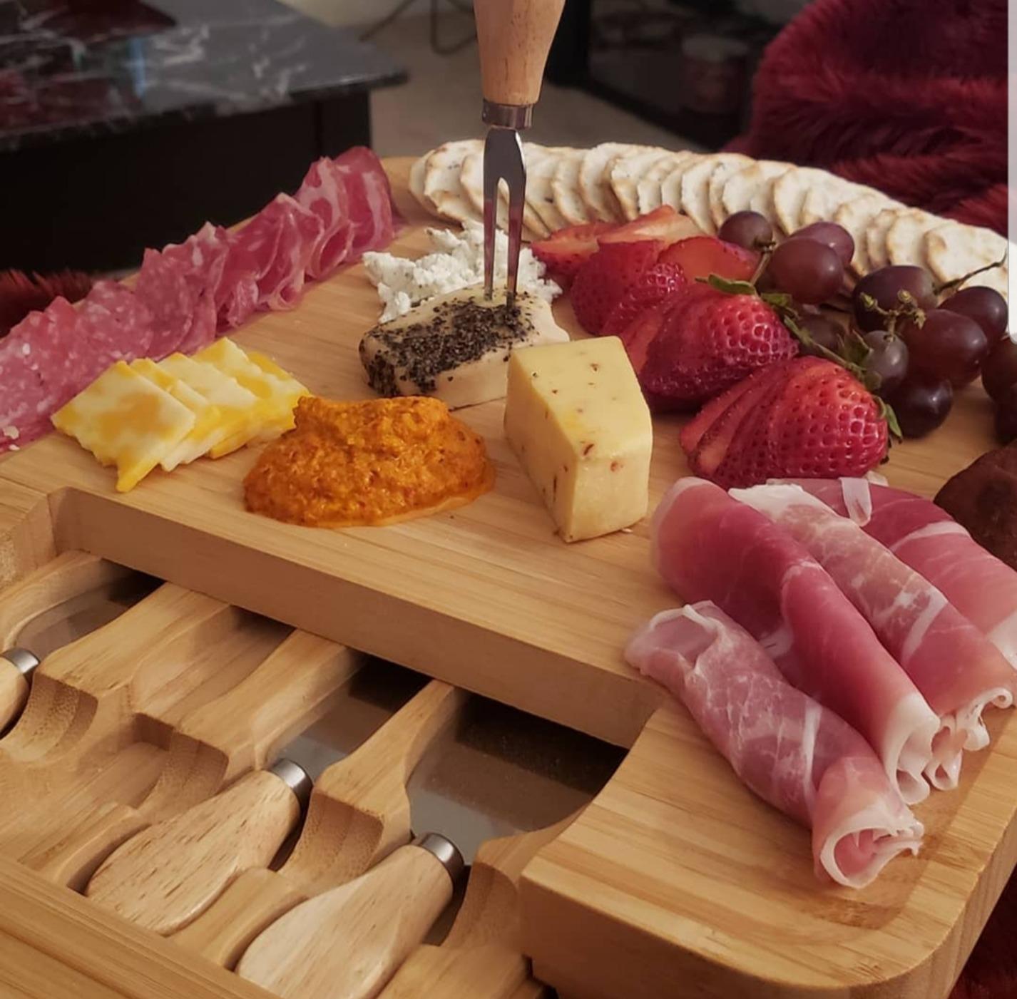 Zulay Kitchen Premium Bamboo Cheese Board Set - Extra Thick Bamboo Charcuterie Board Set with 4 Piece Knife Set - Wooden Cheese Board, Perfect for Charcuterie, Wine & Cheese - Charcuterie Gift Set customer photo 2
