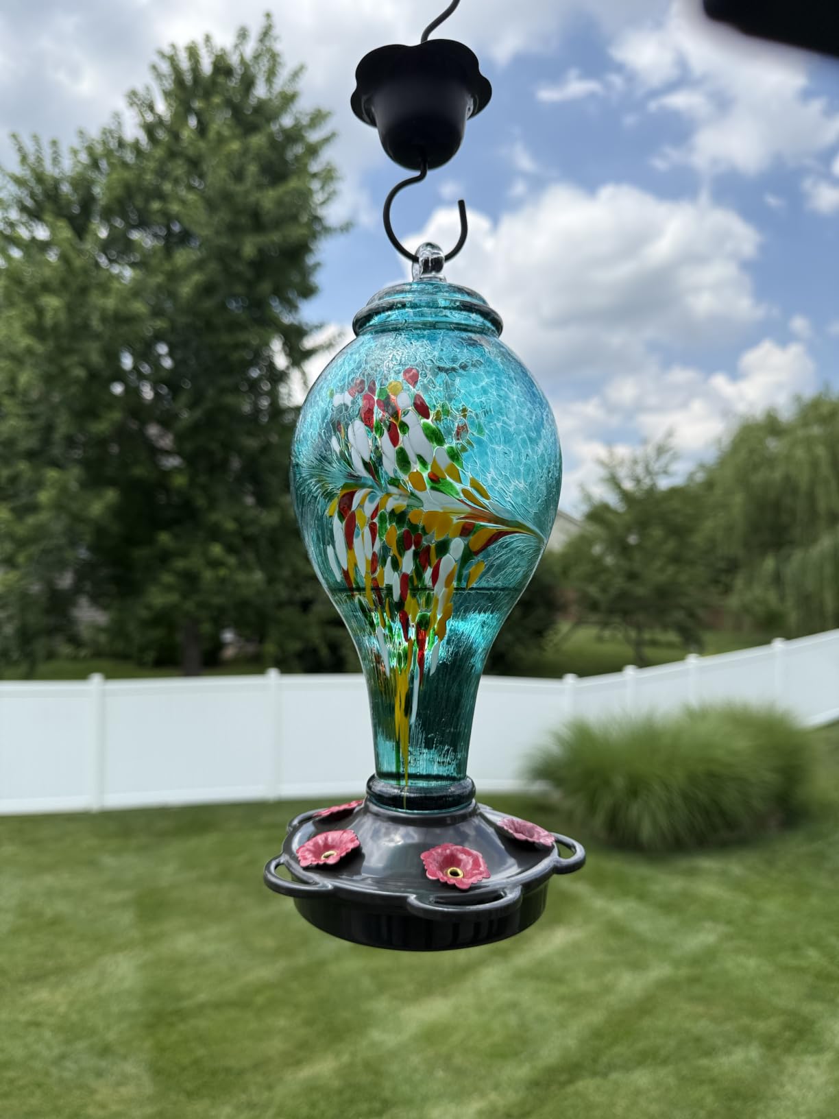 LUJII Hummingbird Feeder, Hand Blown Glass Hummingbird Feeder, Never Fade, 36 Fluid Ounces, 5 Feeding Metal Stations, Much Bigger, Garden Backyard Decorative, Containing Ant Moat (Blue) customer photo 1