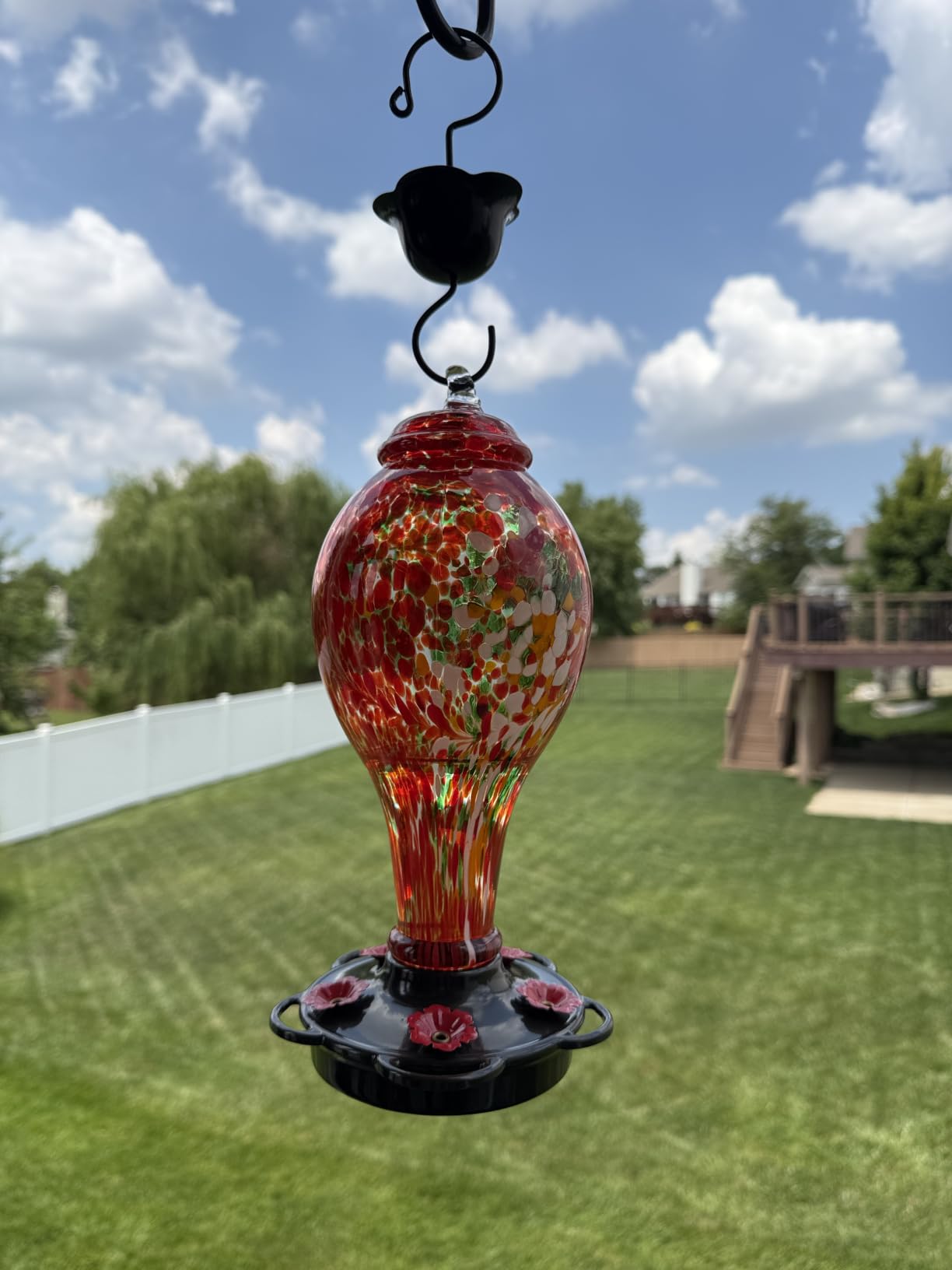 LUJII Hummingbird Feeder, Hand Blown Glass Hummingbird Feeder, Never Fade, 36 Fluid Ounces, 5 Feeding Metal Stations, Much Bigger, Garden Backyard Decorative, Containing Ant Moat (Blue) customer photo 2