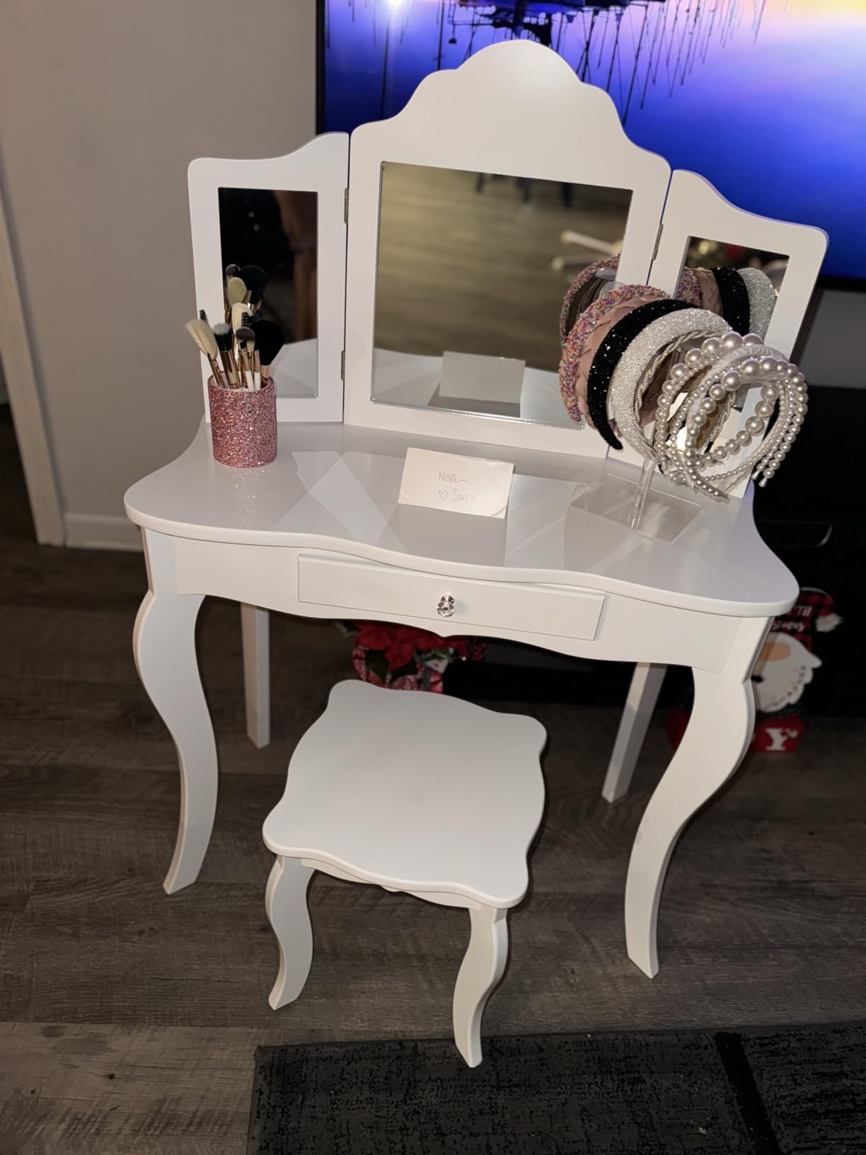 Costzon Kids Wooden Vanity Table & Stool Set, 2 in 1 Detachable Design with Dressing Table and Writing Desk, Princess Makeup Dressing Table with Two 180° Folding Mirror, for Girls, Kids (White) customer photo 2
