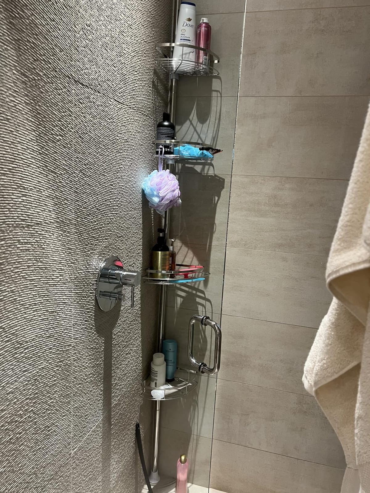 SEIRIONE Rustproof Shower Corner Caddy Organizer for Bathroom, 4 Adjustable Shelves with Tension Pole, for Bathtub Shampoo Accessories Storage Holder, 34 to 116 Inch Height, Silver customer photo 2