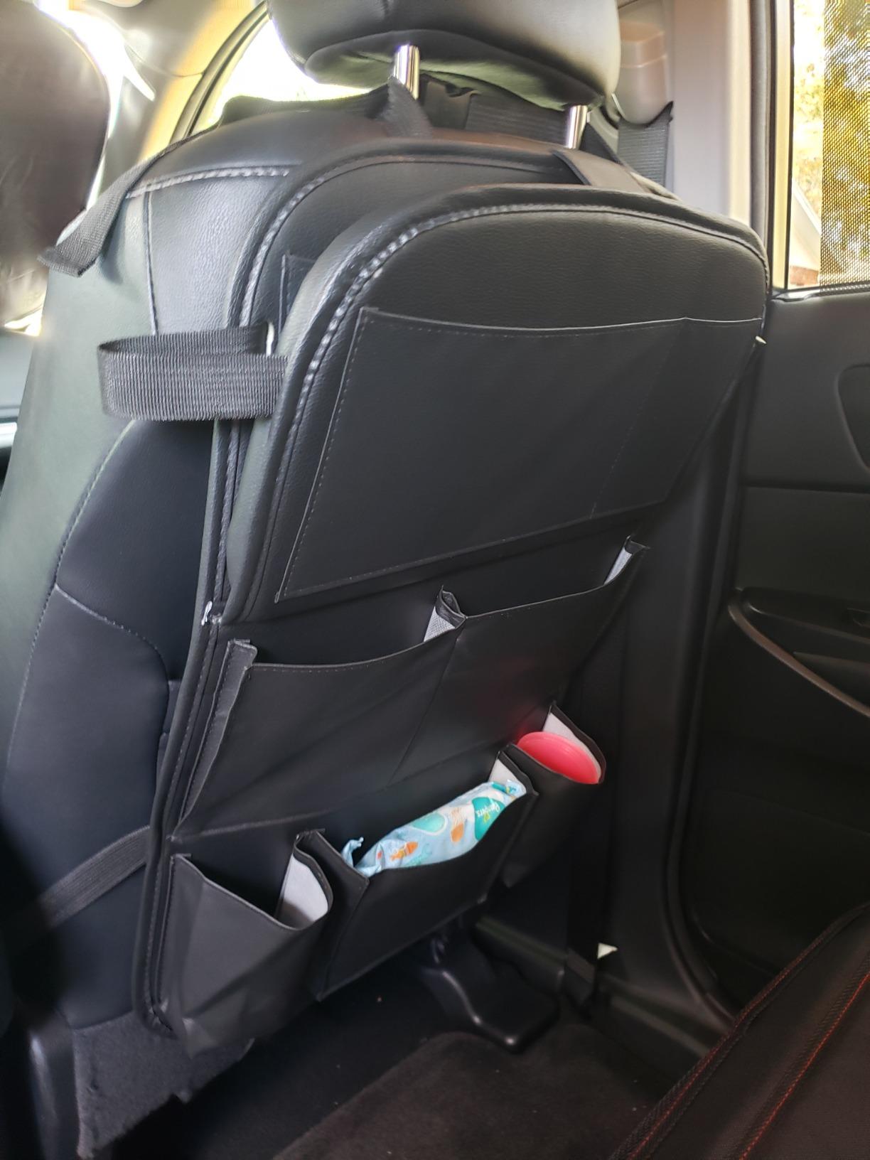 Tsumbay Car Backseat Organizer with Tablet Holder,9 Storage Pockets Foldable Table Tray Seat Back Protectors Kick Mats -PU Leather 1Pck customer photo 2