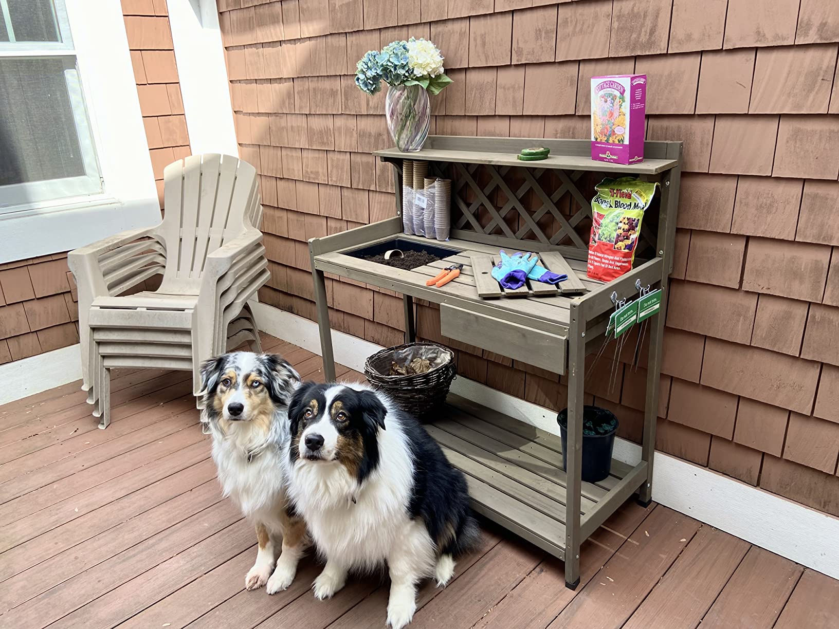 Aivituvin Potting Bench with PVC Layer, Outdoor Gardening Work Bench with Sink & Lid, Wooden Planting Table for Outside with Storage, Drawer, Shelf, Hook customer photo 1