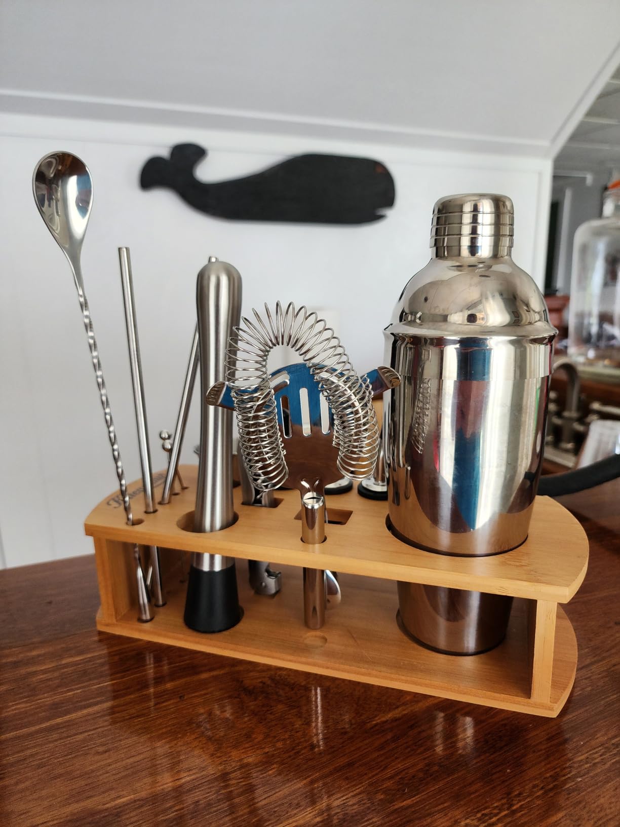 KITESSENSU Cocktail Shaker Set Bartender Kit with Stand | Bar Set Drink Mixer Set with All Essential Accessory Tools: Martini Shaker, Jigger, Strainer, Mixer Spoon, Muddler, Liquor Pourers |Silver customer photo 2