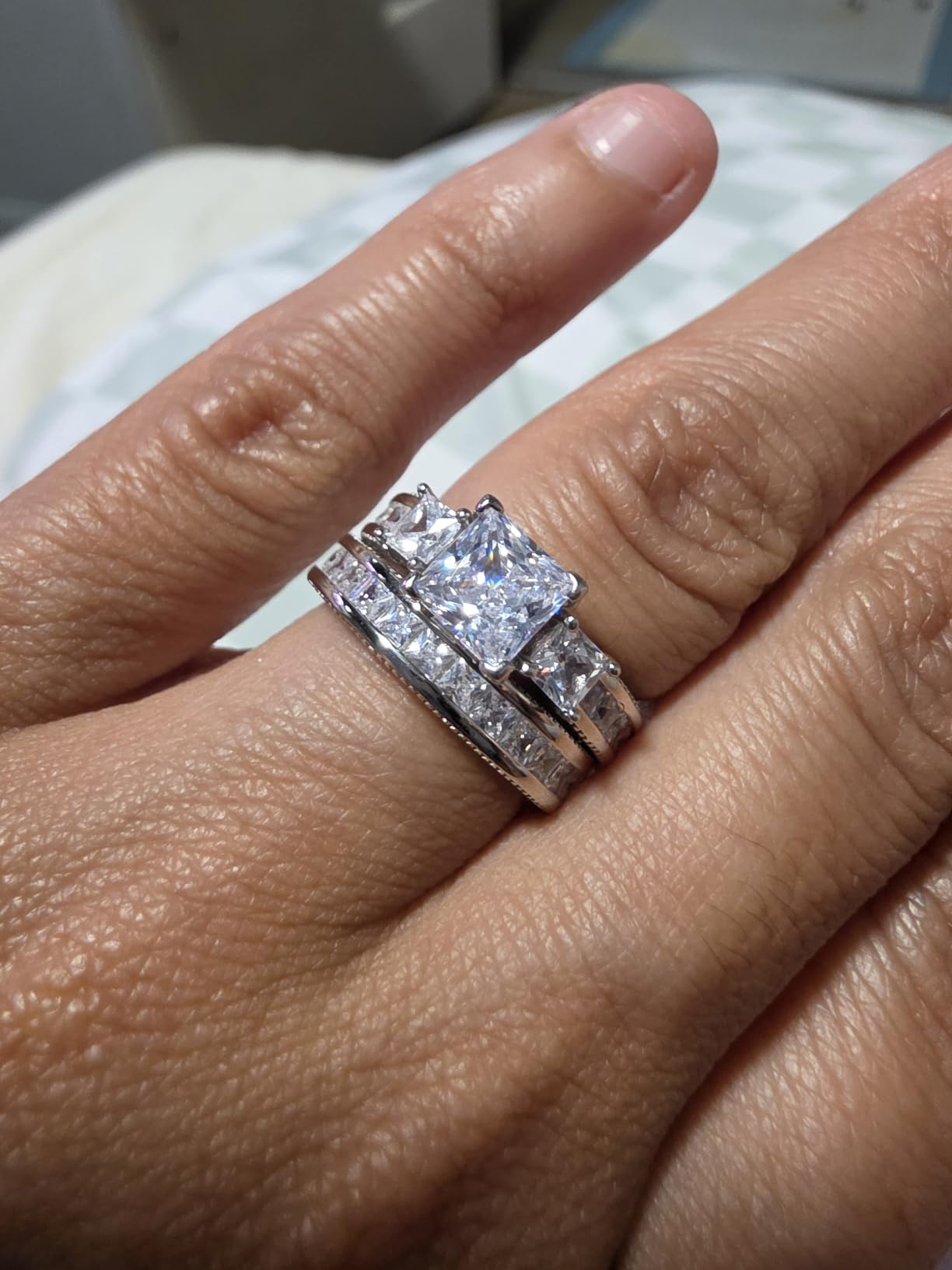 TWO RINGS Wedding Ring Sets His And Hers Promise Ring Couples Bridal Sets Women 925 Sterling Silver square Cz Man Stainless Steel Brushed Finished Wedding Bands customer photo 1