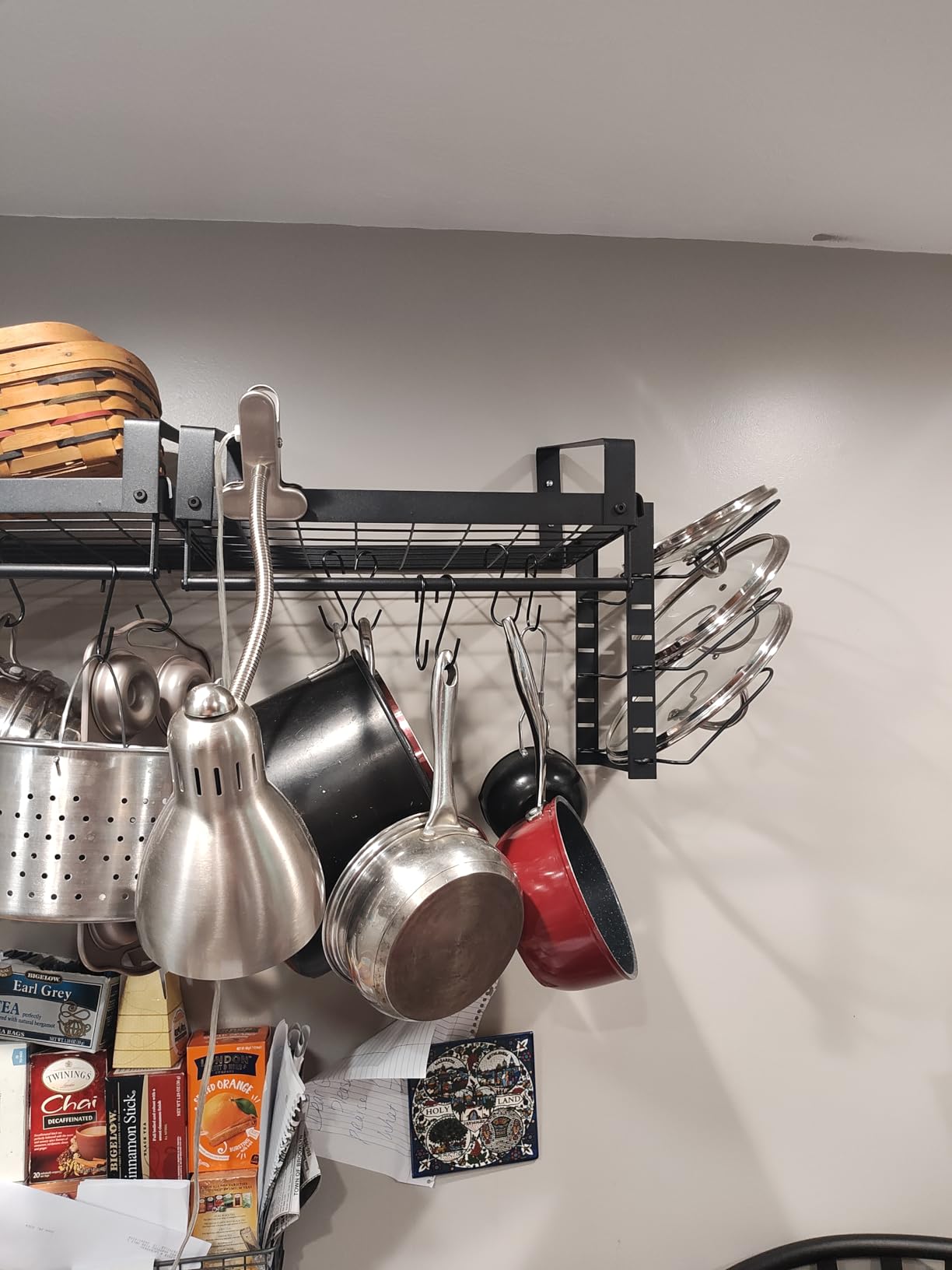 X-cosrack Pot Racks Wall Mounted Set of 2,with Towel Bar and Pots Pans Lids Organizer, Kitchen Cookware Hanging Shelves with 12 Hooks, Black customer photo 2