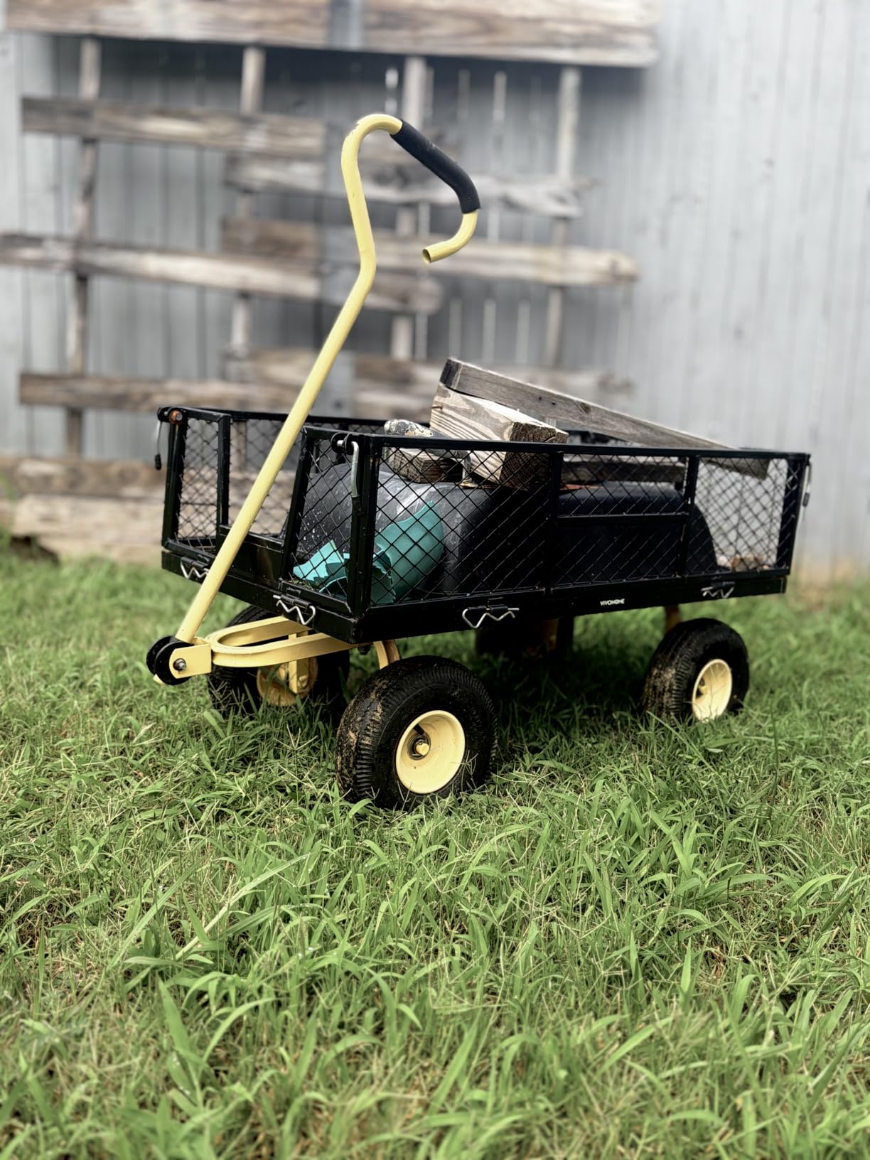 VIVOHOME Heavy Duty 880 Lbs Capacity Mesh Steel Garden Cart Folding Utility Wagon with Removable Sides and 4.10/3.50-4