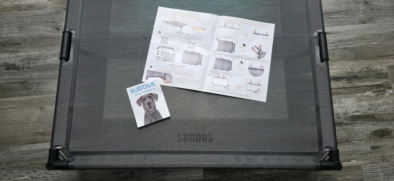 suddus Elevated Dog Bed for Large Dogs 120lb, Breathable Cooling Raised Dog Cot with Dual Support Bars & Metal Frame, No-Slip Feet, Waterproof Pet Bed for Indoor/Outdoor, X-Large, 48 * 36 * 9in, Grey customer photo 2
