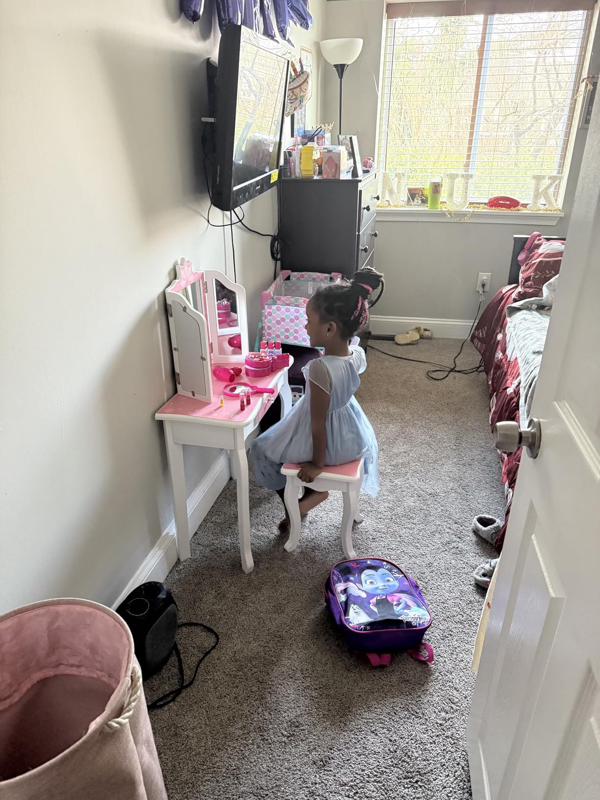 JOYMOR Kids Vanity Set, Wooden Princess Makeup Table with Stool, Tri-Folding Mirror, Large Drawer, Solid Wooden Legs Pretend Beauty Make Up Dressing Play Set for Girls Best Gift (Purple) customer photo 2