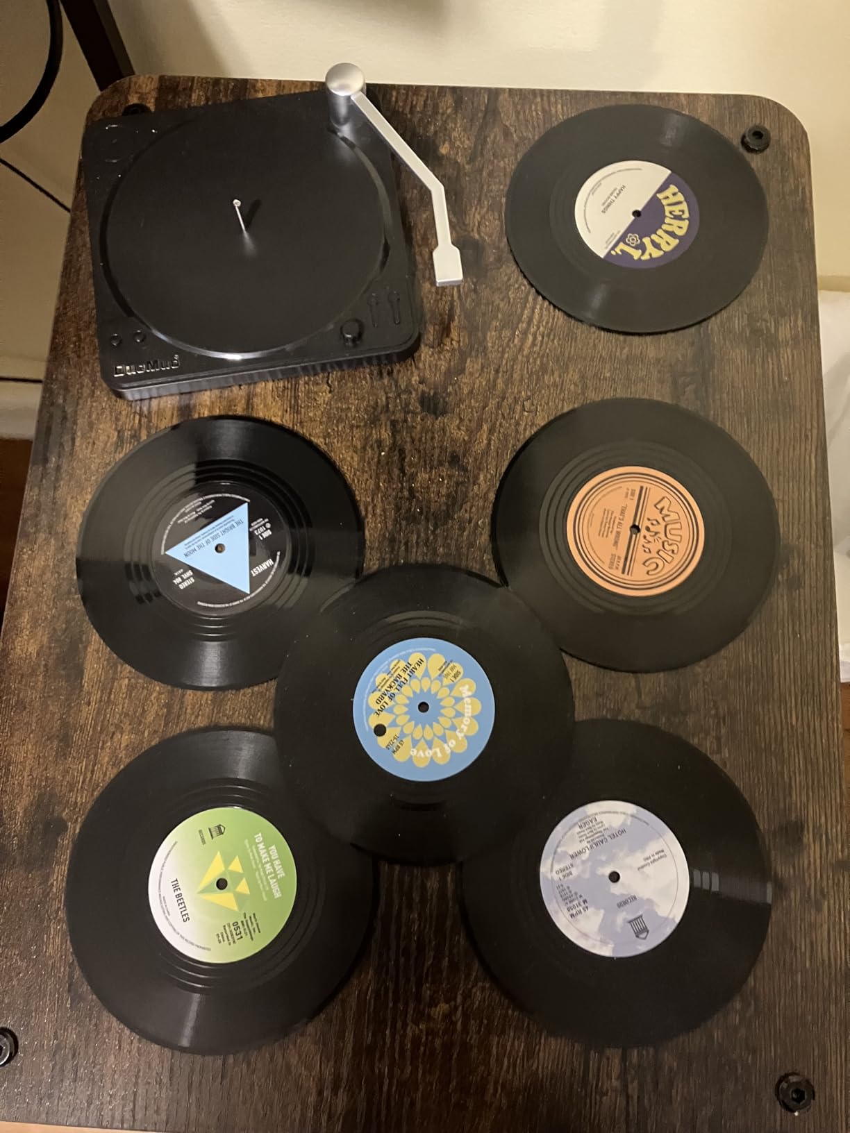 Funny Retro Record Coasters for Drinks with Vinyl Player Holder - Set of 6 Coaster White Elephant Gifts for Music Lovers, Conversation Piece Sayings,Housewarming Hostess Wedding Registry Gift Ideas customer photo 2