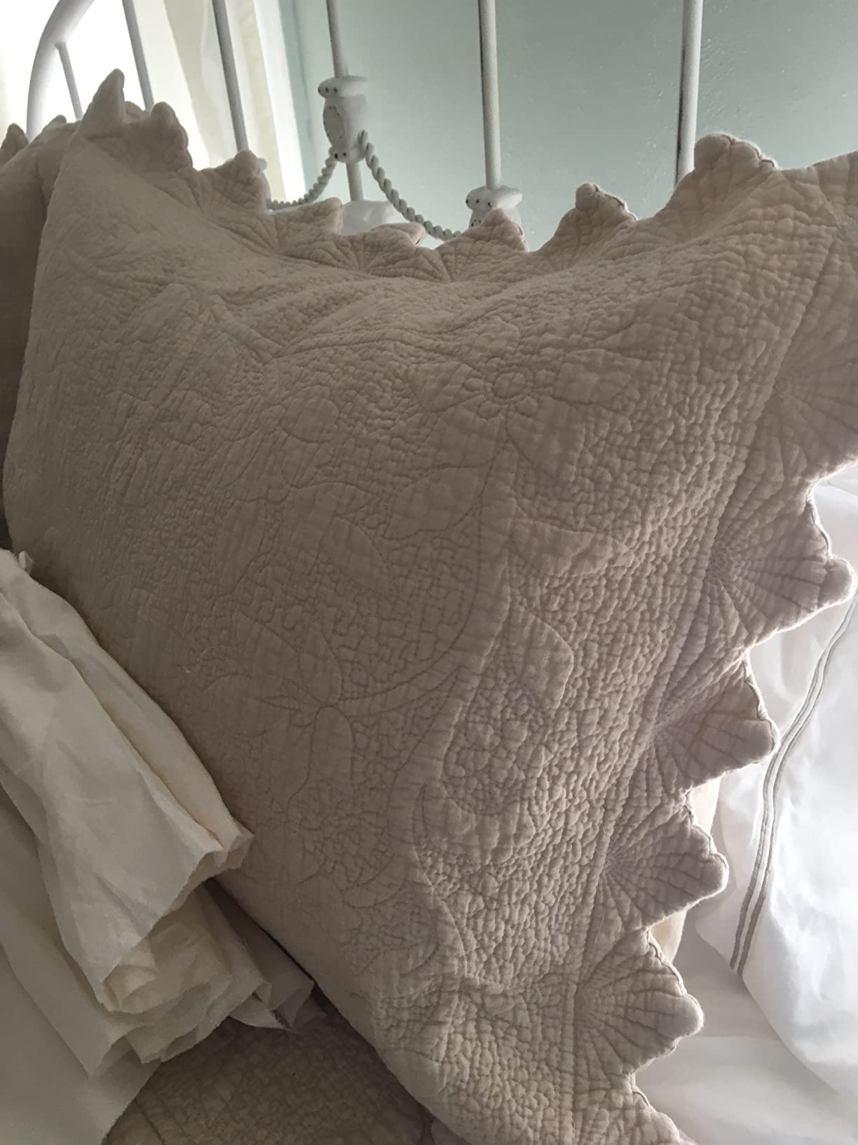 Brandream Beige Cotton Quilt Set Queen Scalloped Matelasse Coverlet 3PC customer photo 1