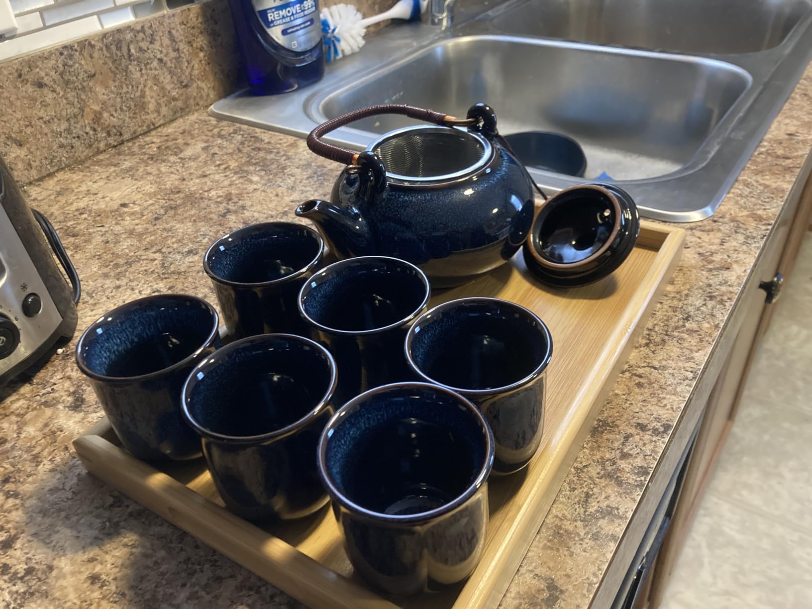 Dujust Japanese Tea Set, Black Porcelain Tea Set with 1 Teapot Set, 6 Tea Cups, 1 Tea Tray, 1 Stainless Infuser, Beautiful Asian Tea Sets for Adults, Tea Lover/Women/Men (Countryside in Golden) customer photo 2