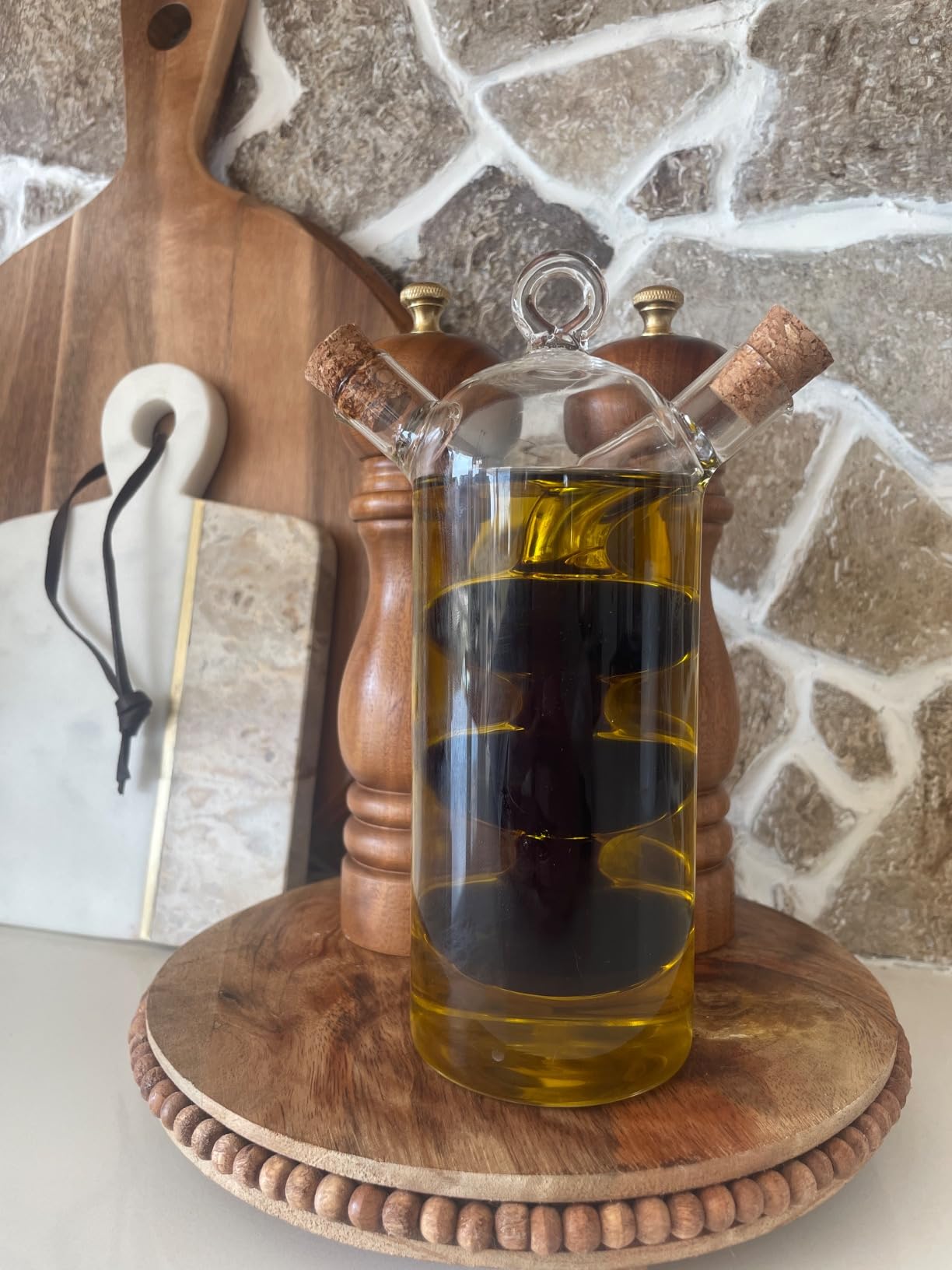 Olive Oil and Vinegar Dispenser Cruet Bottles, 2 in 1 Transparent Dual Glass for Kitchen Cooking Container customer photo 1