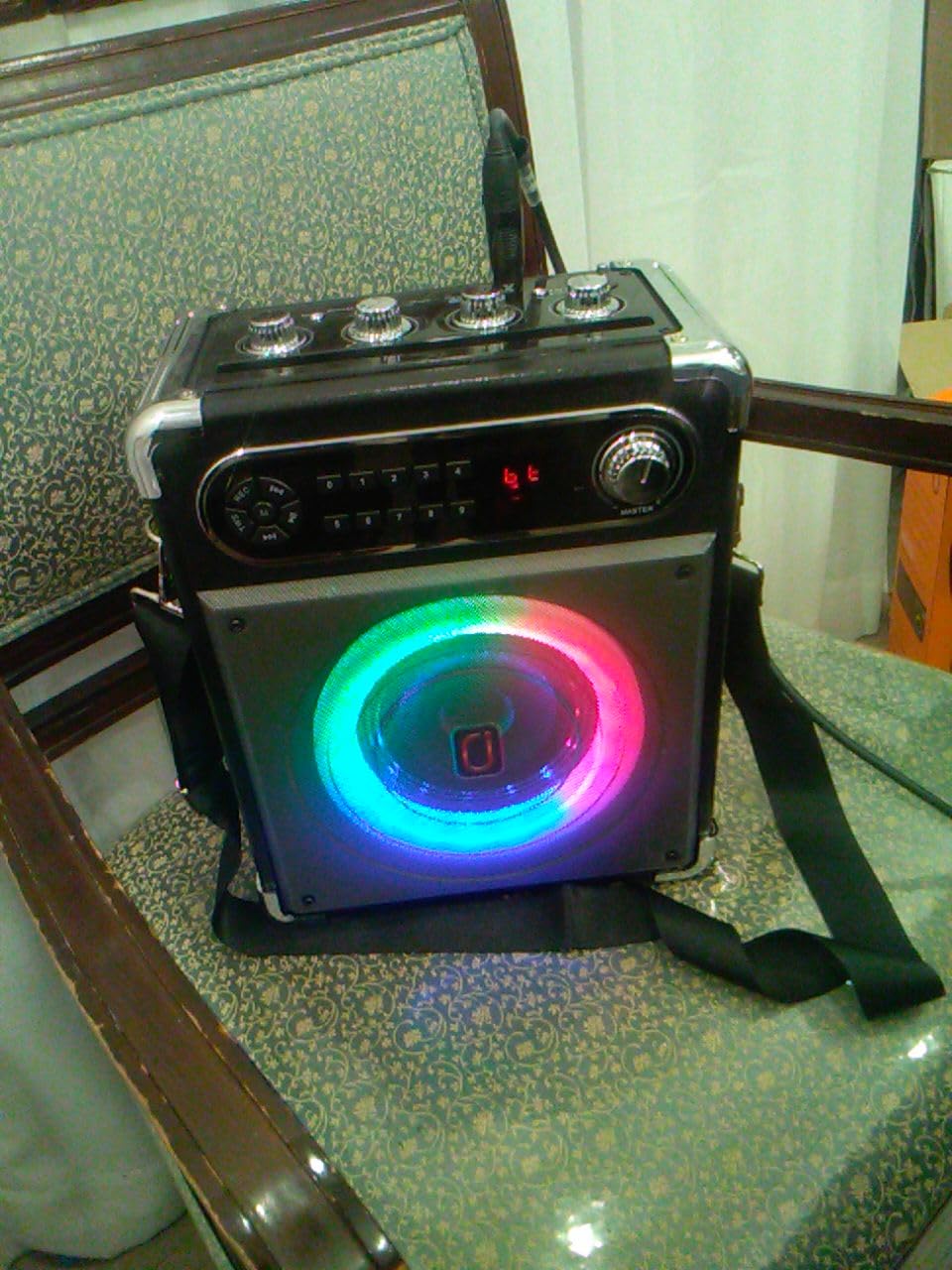 JYX Karaoke Machine with Two Wireless Microphones, Portable Bluetooth Speaker with Bass/Treble Adjustment, PA System with Remote Control, LED Lights,Supports TF Card/USB/AUX/TWS customer photo 1