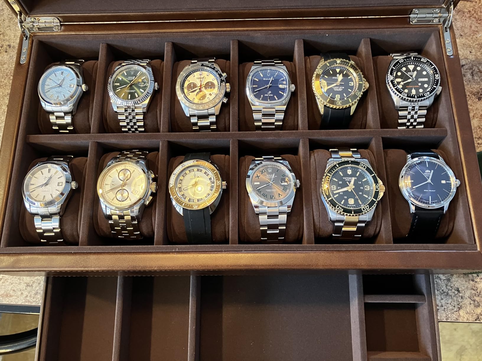 TAWBURY Watch Box for Men - 12 Slot Watch Case with Storage Drawer, Real Glass Display and 2-inch Wide Pillows for Large Watches (Brown) customer photo 1