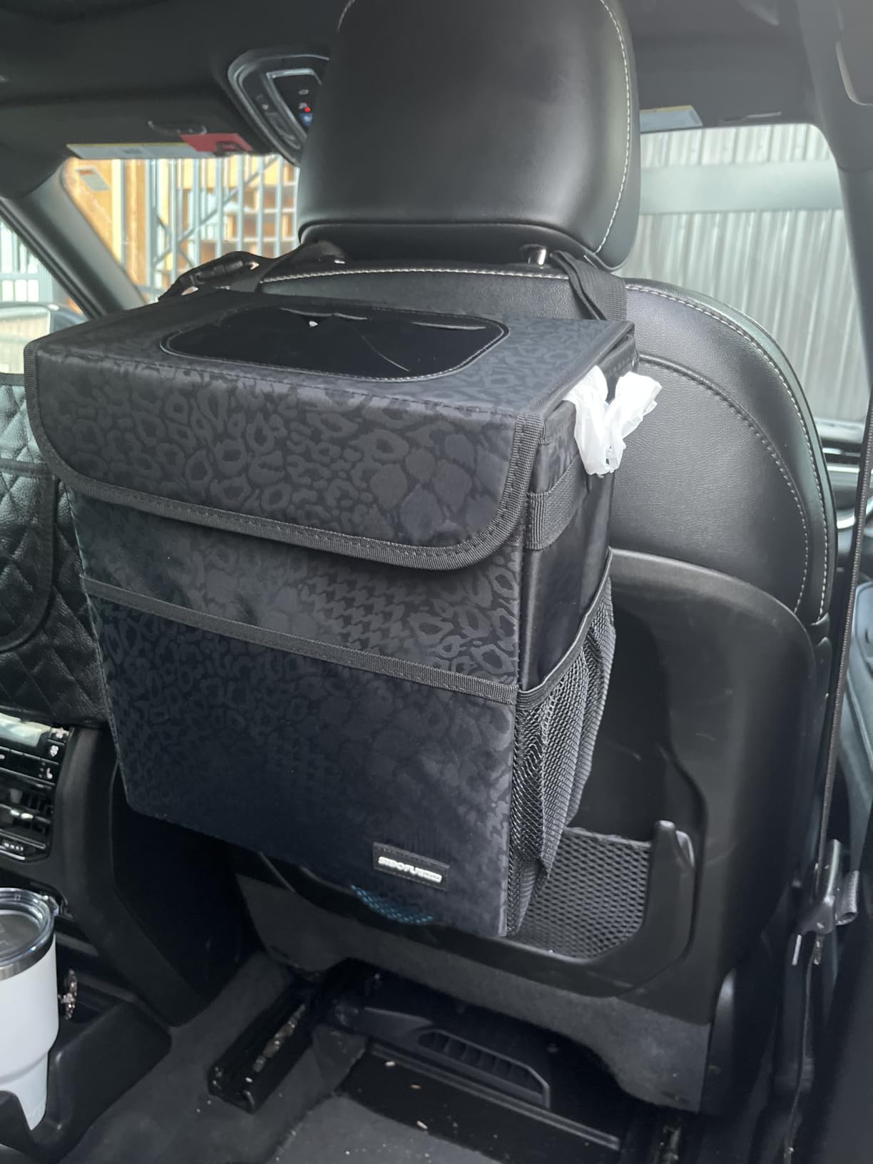 SIBOFUEGO Cute Car Trash Can with Lid – Multipurpose Collapsible Trash Bin for Car, Leak-Proof Organizer, Waterproof Garbage Can with Storage Pockets & Adjustable Straps, 2 Gallons (Black Leopard) customer photo 2