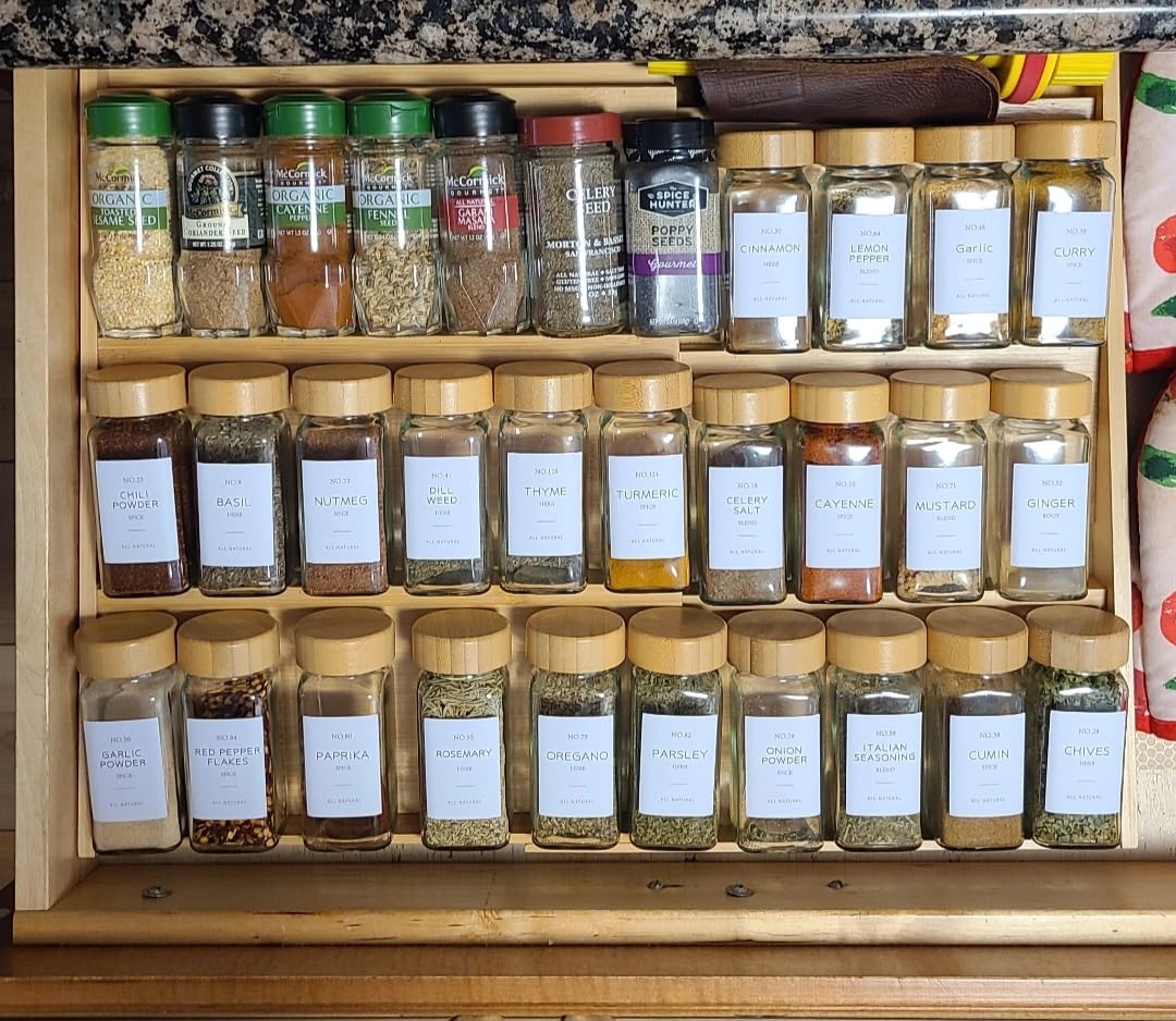 NETANY 24 Pcs Glass Spice Jars with Bamboo Lids, 4 oz Glass Jars with Minimalist Farmhouse Spice Labels Stickers, Collapsible Funnel, Seasoning Storage Bottles for Spice Rack, Cabinet, Drawer customer photo 1