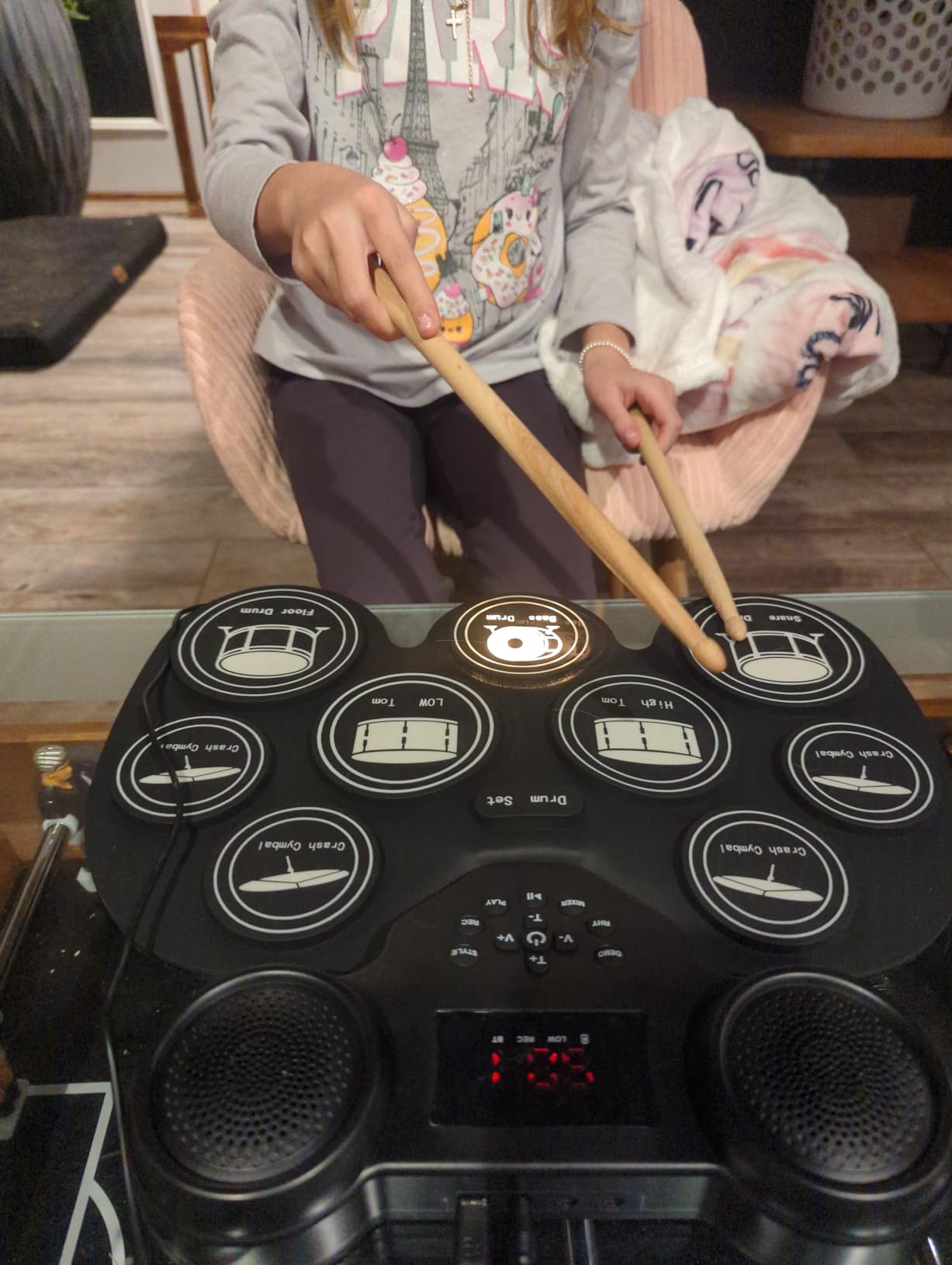 Electronic Drum Set with 7-Color LED Light Show on Strike, 9-Pad Electric Drums Set Bluetooth MIDI Support, Extra-thick Electric Drum Pads for Better Rebound, Perfect Christmas/Birthday Gift for Kids customer photo 1