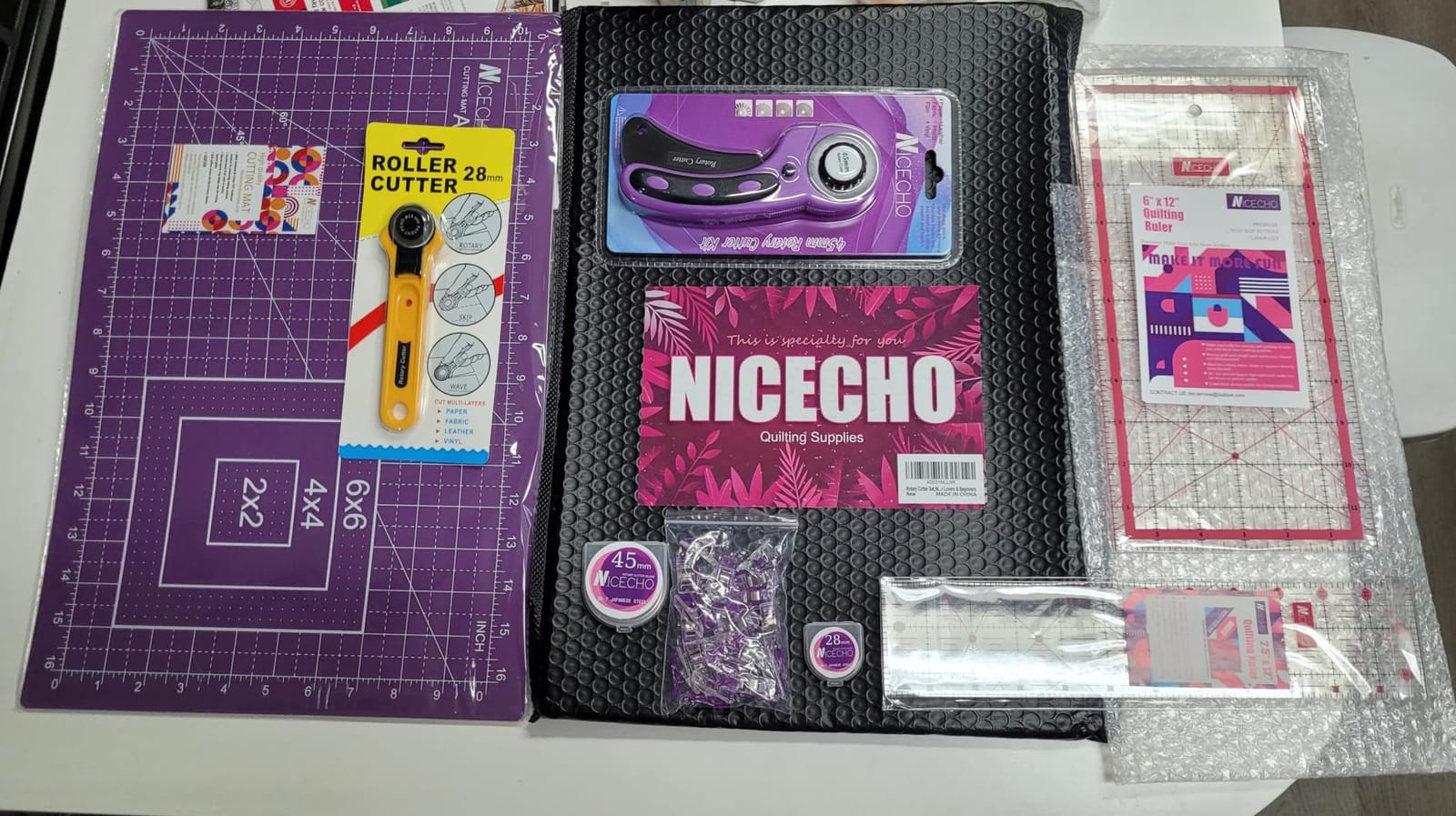 Rotary Cutter Set,Nicecho Sewing Quilting Supplies,45mm & 28 mm Fabric Cutters,8 Rotary Cutter Blades,A3 Cutting Mat for Sewing,6x12 & 2.5x12 In Quilting Rulers,Ideal Quilt kits for Lovers & Beginners customer photo 2