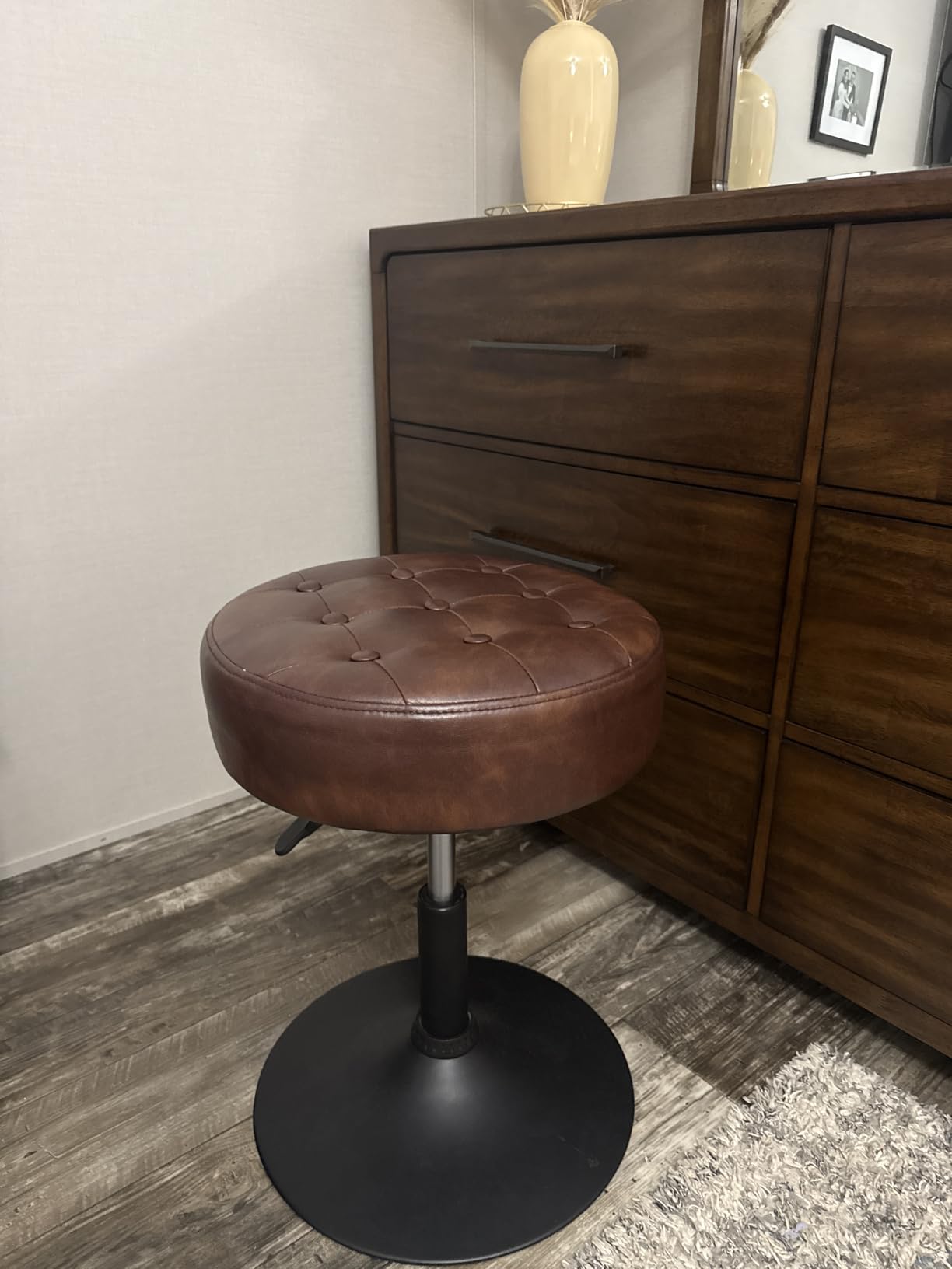 Furniliving Mid-Century Tufted Adjustable Swivel Makeup Ottoman Stool; Modern Big Size Round Vanity Stool Chair for Bedroom Living Room (White) customer photo 1