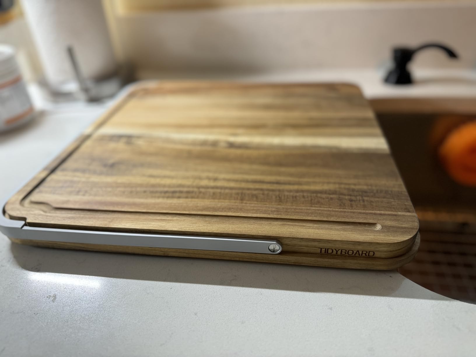 TidyBoard Meal Prep System Starter - Over-the-Sink Smart Chopping Board with 1 Large Strainer, Tubs, & Lids - 1” Thick Acacia Wood Cutting Board with Containers & Strainer, 12 pieces customer photo 2