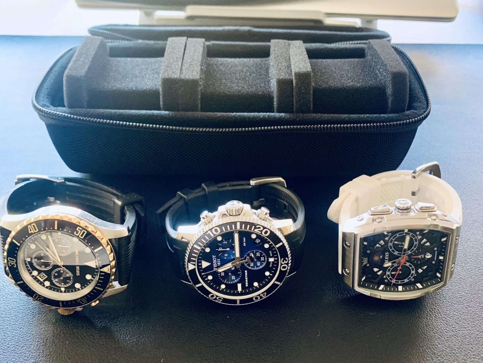 3 Slot Hard Watch Travel Case, Watch Roll Case Storage and Organizer for Men and Women, with anti-move watch pillow (Black fabric 3Slots) customer photo 1