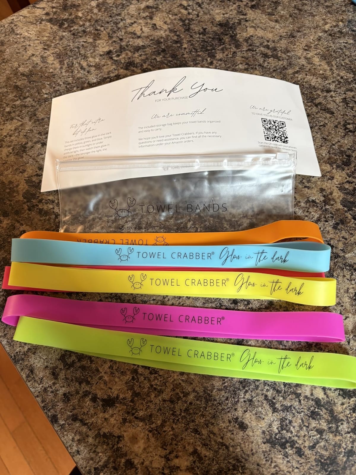 TOWEL CRABBER Towel Bands (6-Pack), Beach Pool & Cruise Chairs, Extra Durable, Cruise Ship & Beach Essentials, Alternative to Beach Towel Clips (3 Regular + 3 Glow in The Dark) customer photo 2