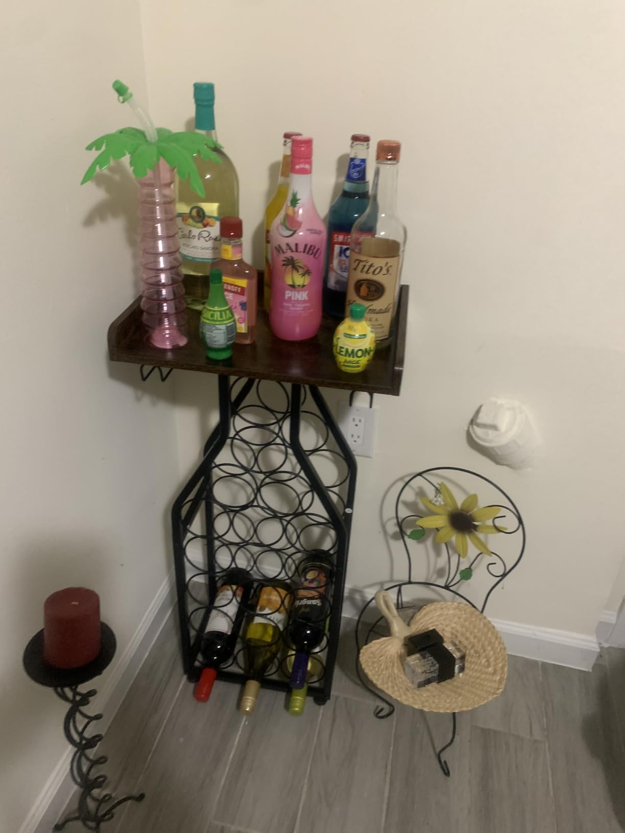 X-cosrack Wine Rack Freestanding Floor, Mini Bar Table Wine Holder Stand Liquor Cabinet with Glass Holder Wood Tabletop 14 Bottles Floor Wine Storage for Home Bar Kitchen Living Room customer photo 2