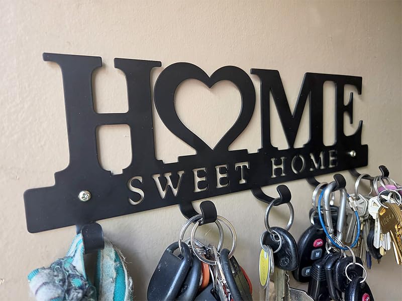 Entryway Wall Key Holder with 5 Hooks, Metal Key Rack Wall Mount for Keys, Bags and Leashes, Decorative Organizer for Entryway, Mudroom or Hallway, Sweet Home Design, 9.8 inches, Black customer photo 1