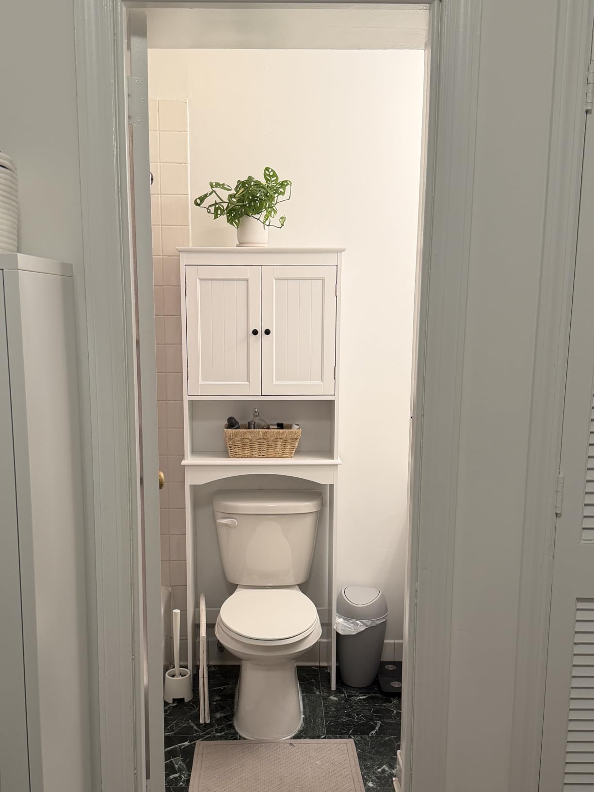 Gizoon Over the Toilet Storage Cabinet with Adjustable Shelf, White | Bathroom Space Saver Organizer Above Toilet with Open Shelf and Double Doors, Taller Wooden Free Standing Toilet Rack customer photo 1