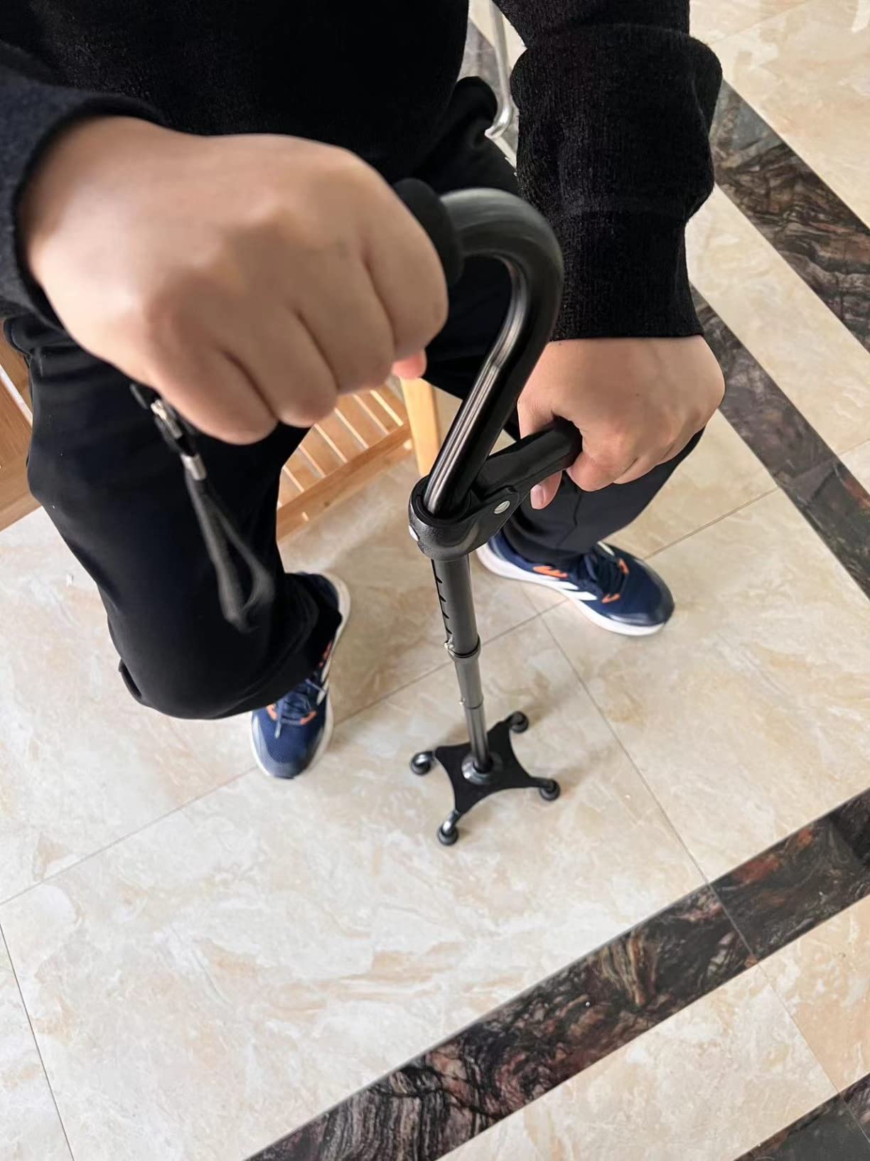 Adjustable Walking Cane for Men & Women with 4-Pronged Base for Extra Stability - Foldable Cane for Seniors with Foam Padded Offset Handle for Soft Grip & a Second Handle for Standing customer photo 2