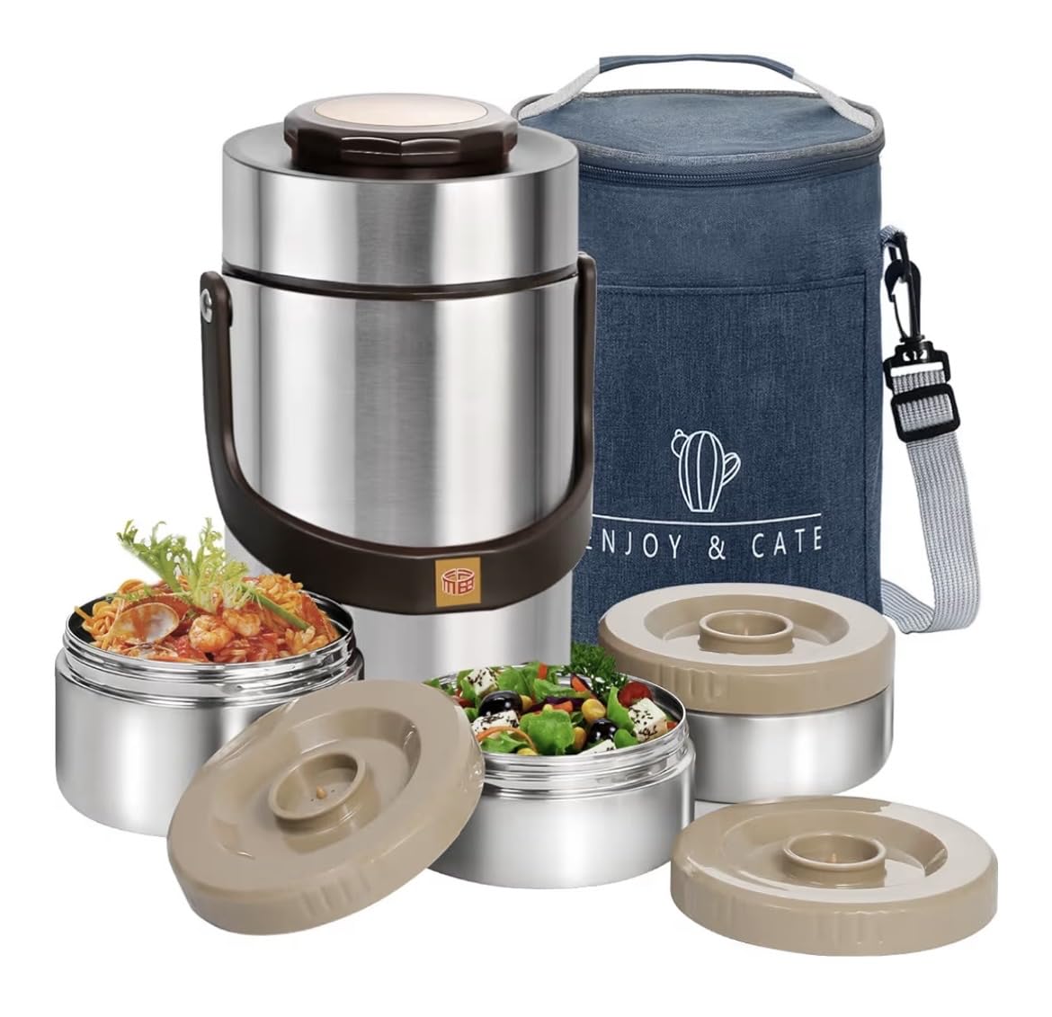 Pawovdeq 67 oz Adults Stainless Steel Vacuum Insulated Wide Mouth Soup Food Thermo Hot Food Jar with Keep Thermal Portable 3 Tier Stackable Bento Hot Food Containers Lunch Boxes (67 oz Silver) customer photo 1