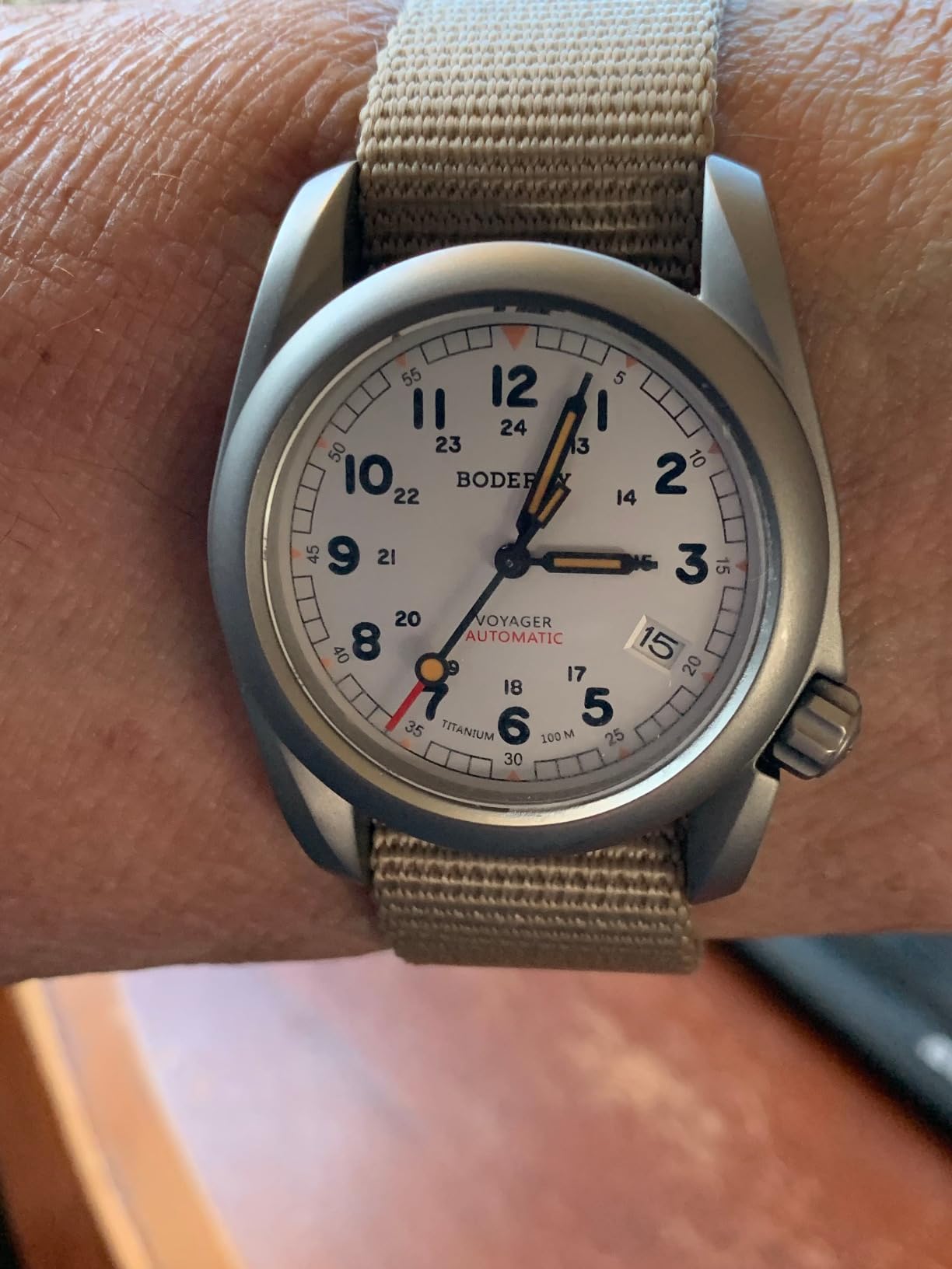 BODERRY Men's Watch Titanium Automatic Field Watch 40mm Military Watch Day Date Function 100M Waterproof with Nylon Strap Japanese Mechanical Movement & Screw Down Crown—Voyager customer photo 2
