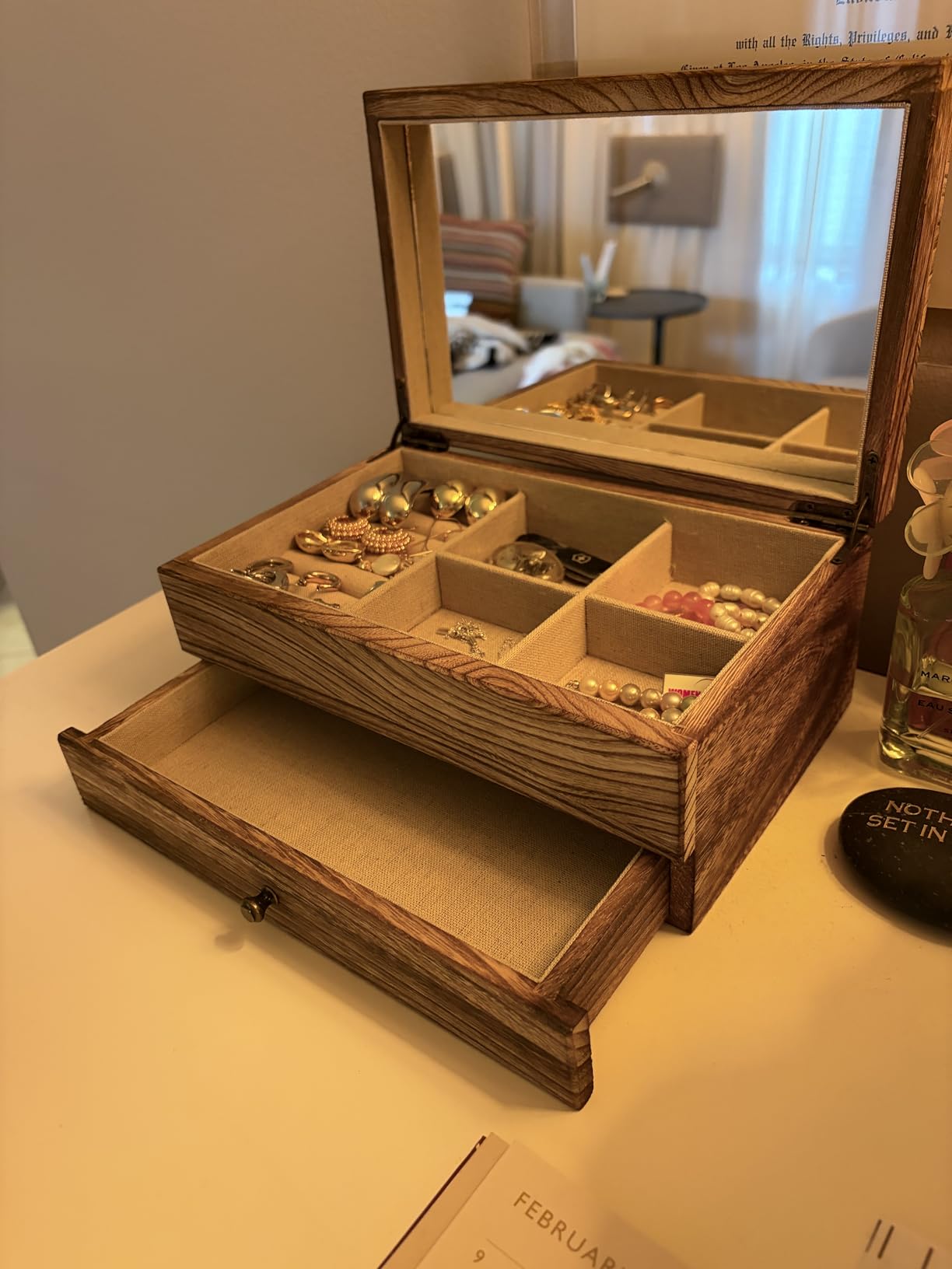 Meangood Jewelry Box Organizer for Women, 3 Layer Large Jewelry Storage Case, Rustic Wooden Jewelry Box with Mirror & Ring Tray for Necklace Earring Bracelets Rings, Vintage Style (Carbonized Black) customer photo 2
