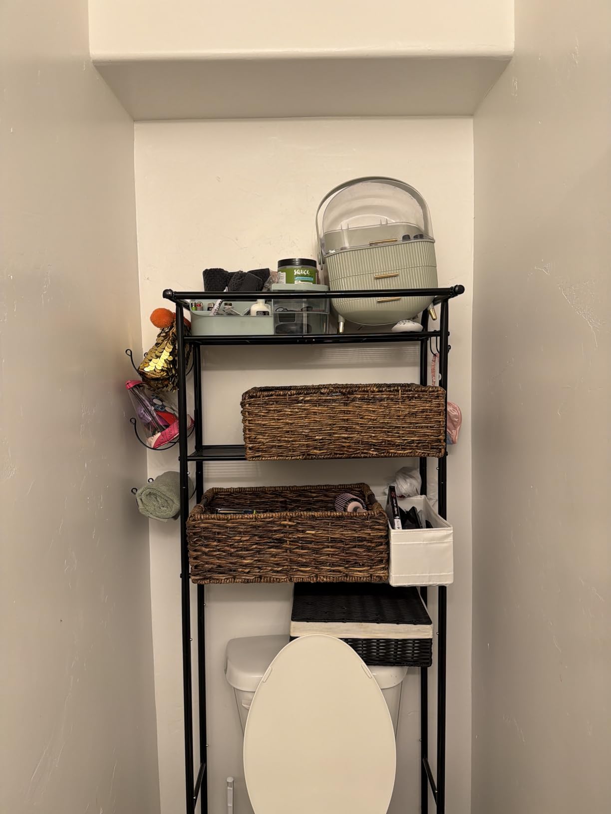 Simple Trending Over The Toilet Storage Cabinet, Metal Bathroom Shelf Organizer with Paper Holder and Hooks, 3 Tier, Black customer photo 2
